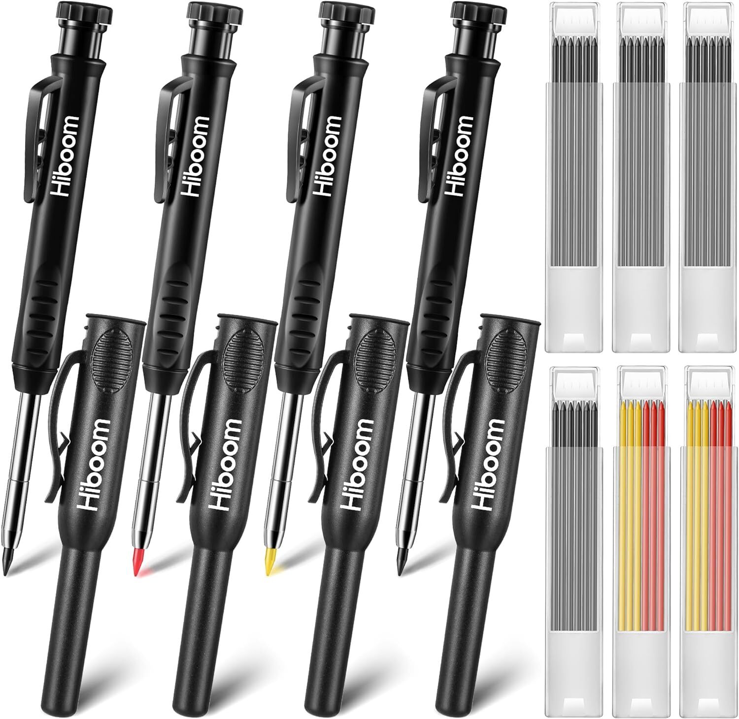 Hiboom 4 Pack Carpenter Pencils Set with 24 Refills, 2.8 mm Mechanical Black