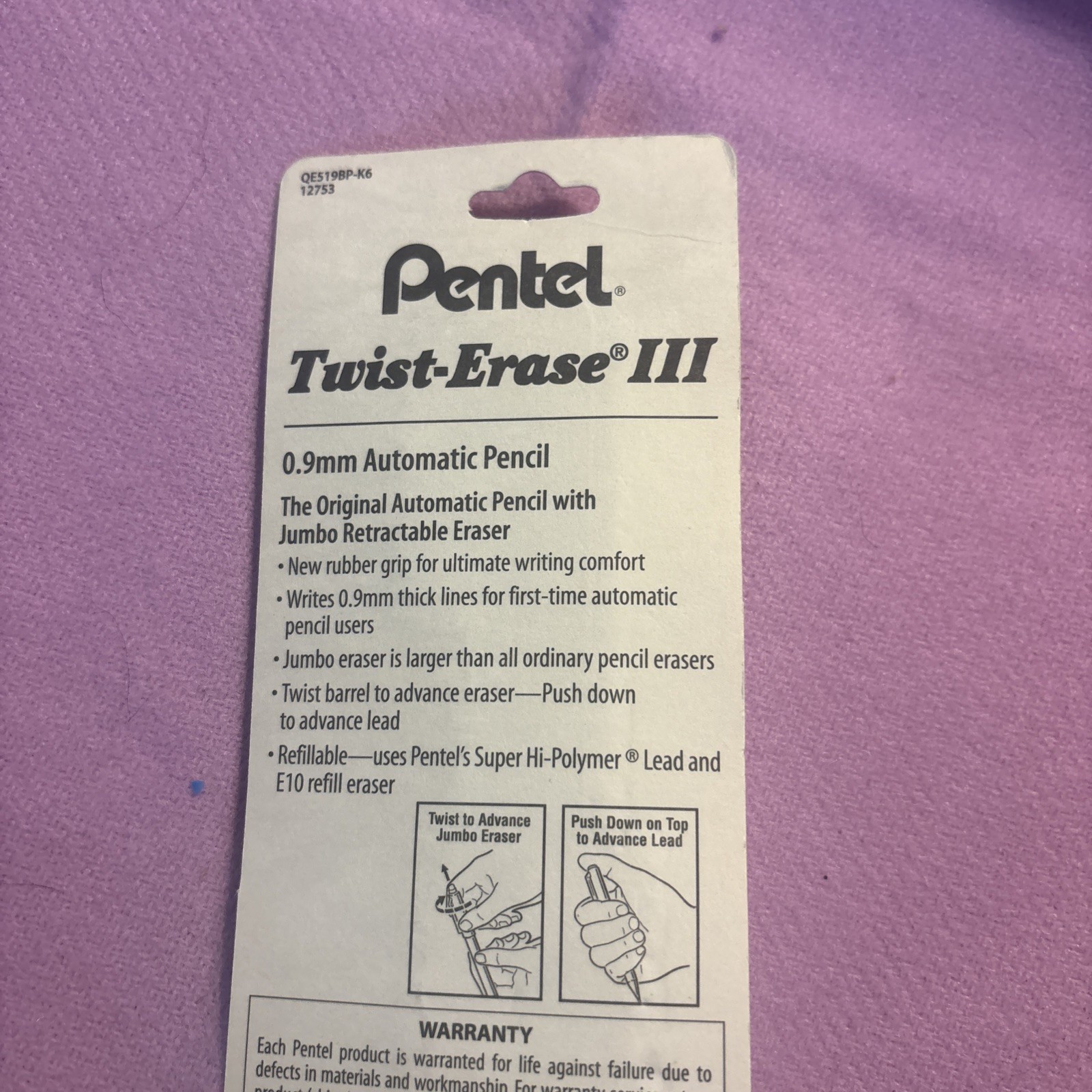 Pentel Twist-Erase III Refillable Mechanical Pencil with Jumbo Eraser 0.9mm New