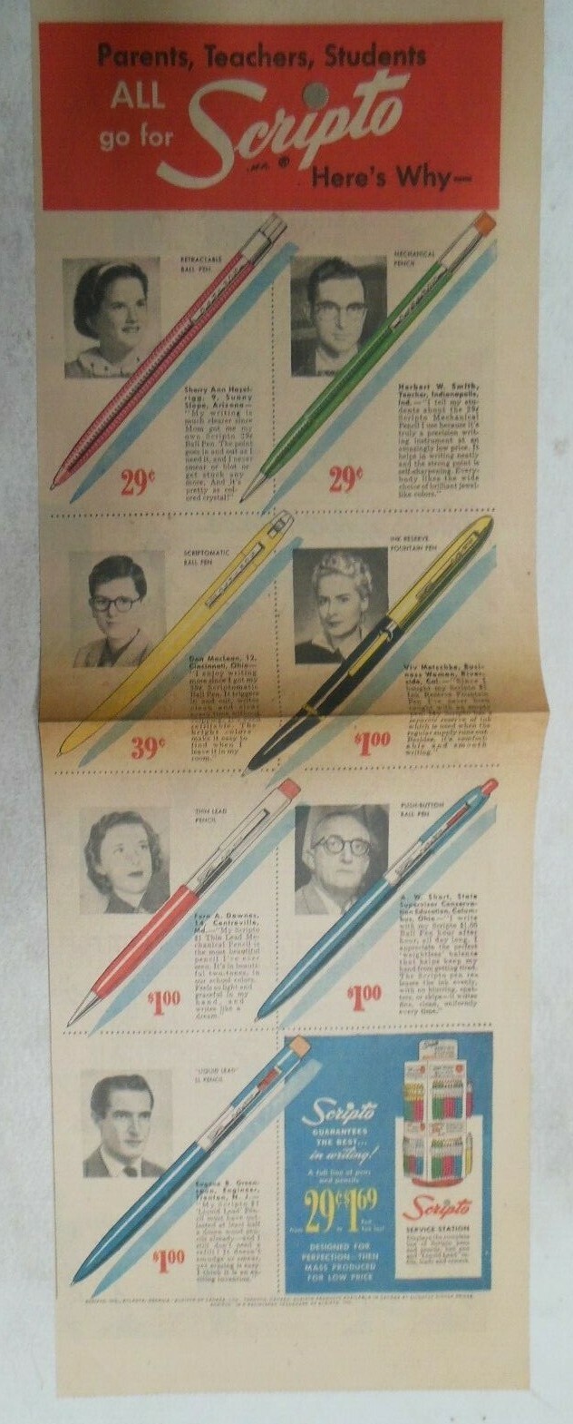 Scripto Pens & Pencils Ad: Parents,Teachers,Students! 1950’s 7.5 x 22 inches