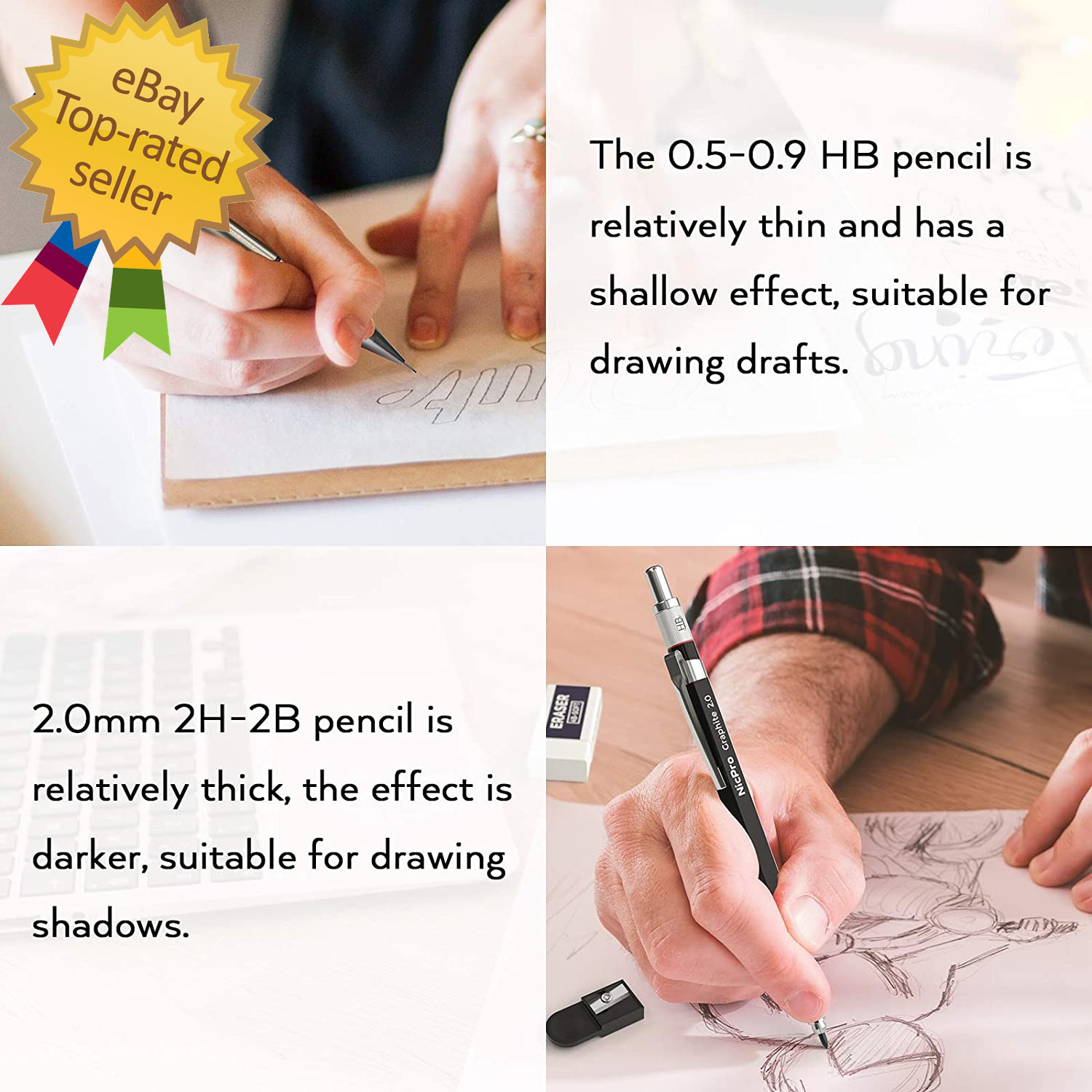 6PCS Art Mechanical Pencil Set, 3PCS Metal Drafting Pencil 0.5 Mm & 0.7 Mm & 0.9