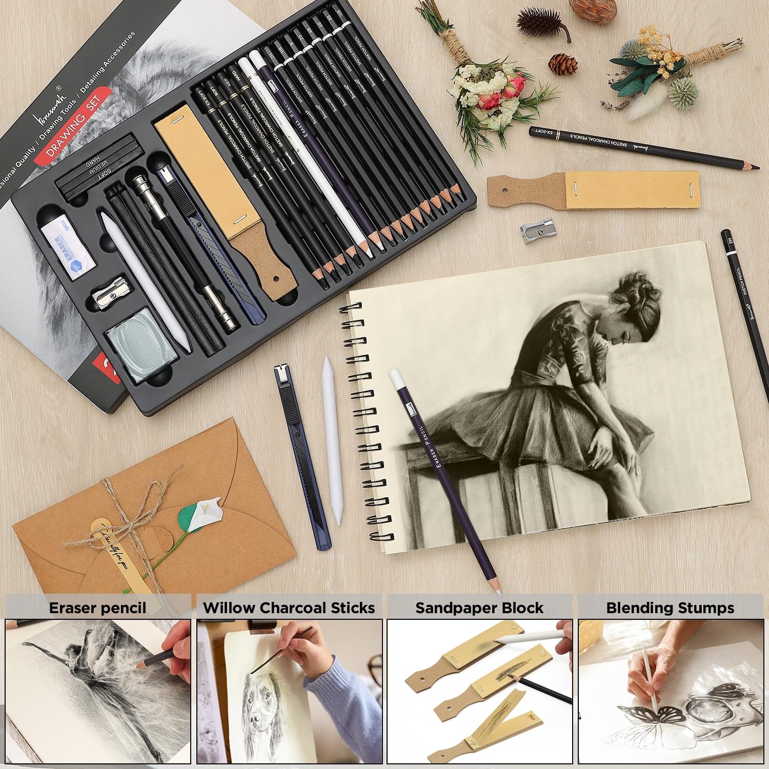 Brusarth Charcoal Pencils for Drawing, Set of 26, Professional Black & White