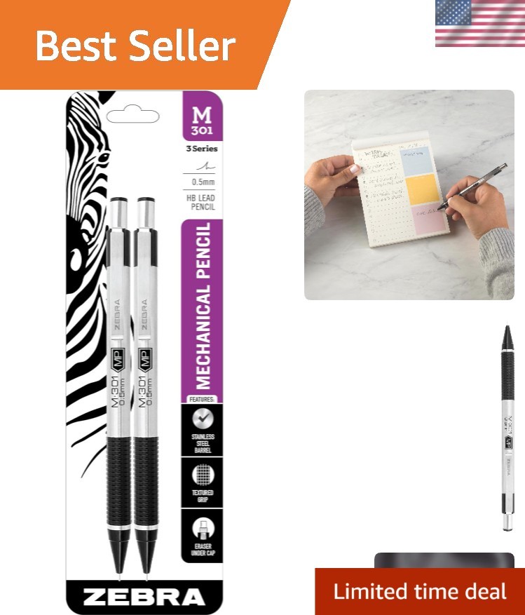 2-Pack Retractable Mechanical Pencils with Ribbed Grip & Built-in Eraser 0.5mm