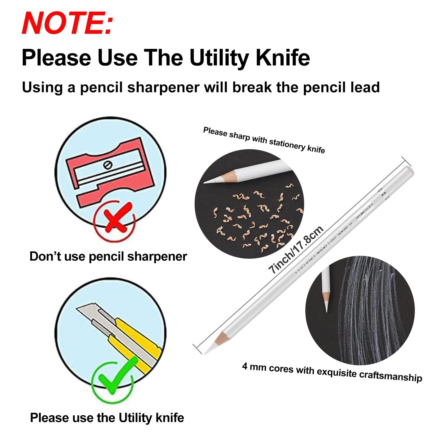 GETHPEN Professional White Charcoal Pencils Set – 6 Count (Pack of 1),
