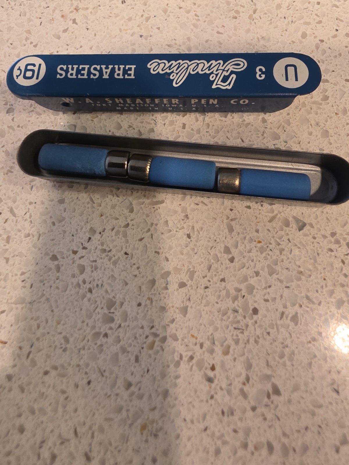 Vintage SHEAFFER Fineline U Mechanical Pencil Erasers Blue NOS 3pk Metal Tin USA