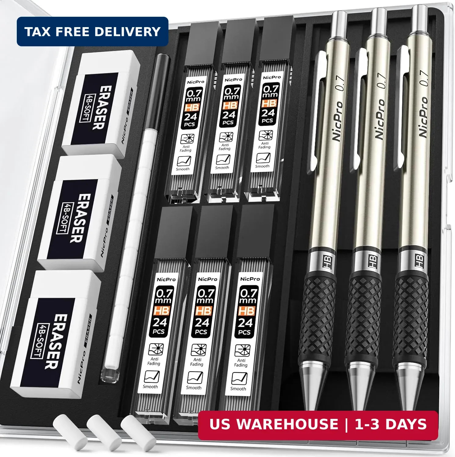 Nicpro 0.7 mm Art Mechanical Pencil Set in Storage Case, 3 PCS Metal Drafting Pe