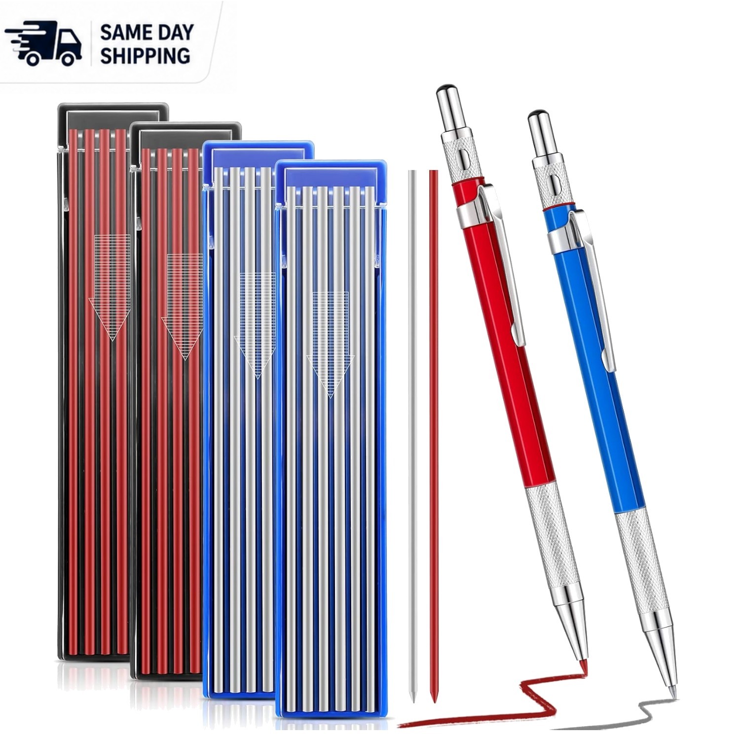 Knurled Grip Welders Pencil Set: 2 Units with 48 Refills – Ideal for Carpentry