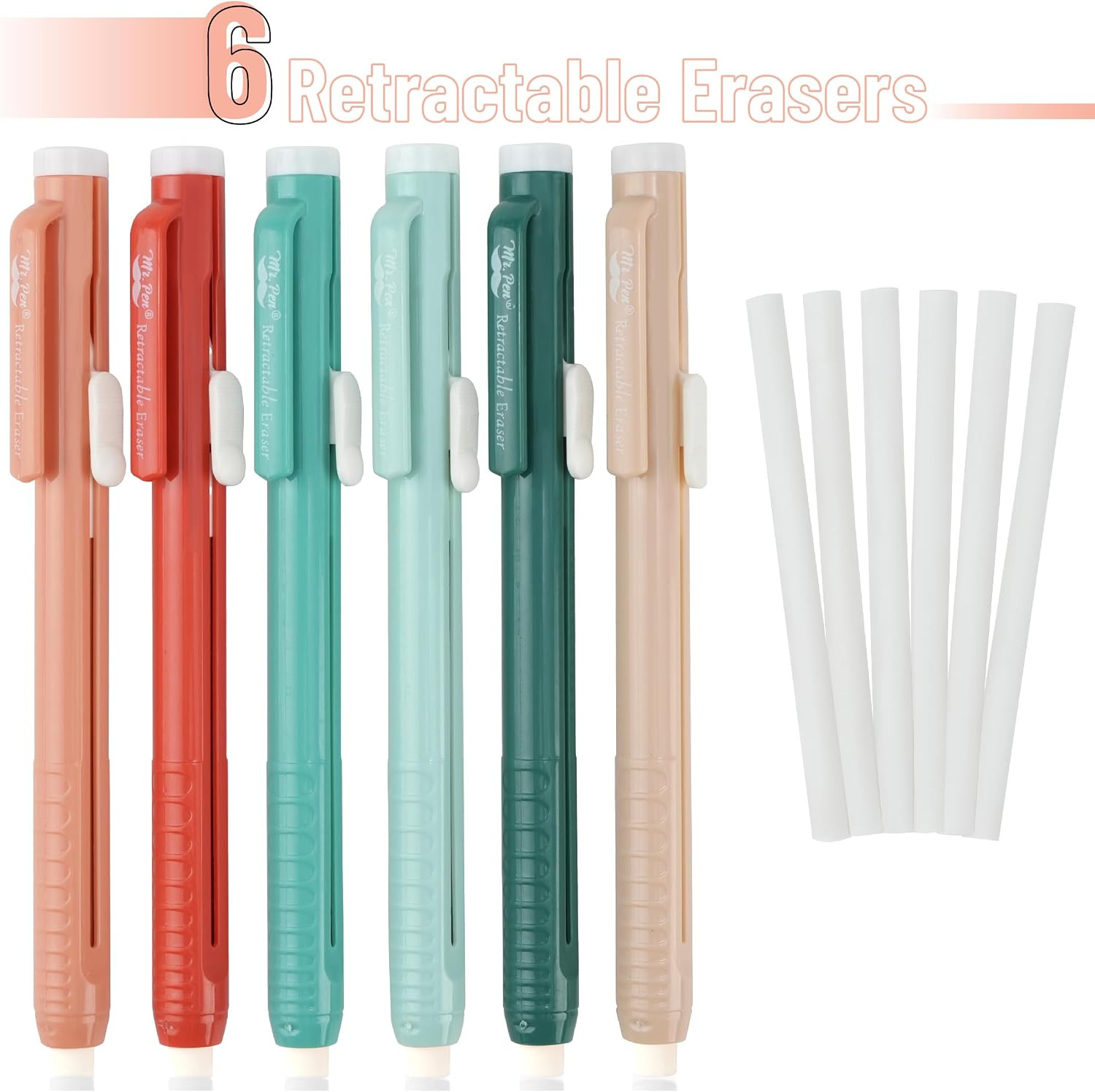 – Retractable Mechanical Eraser Pens, 6 Pack, Coral Colors | Latex-Free Precisio