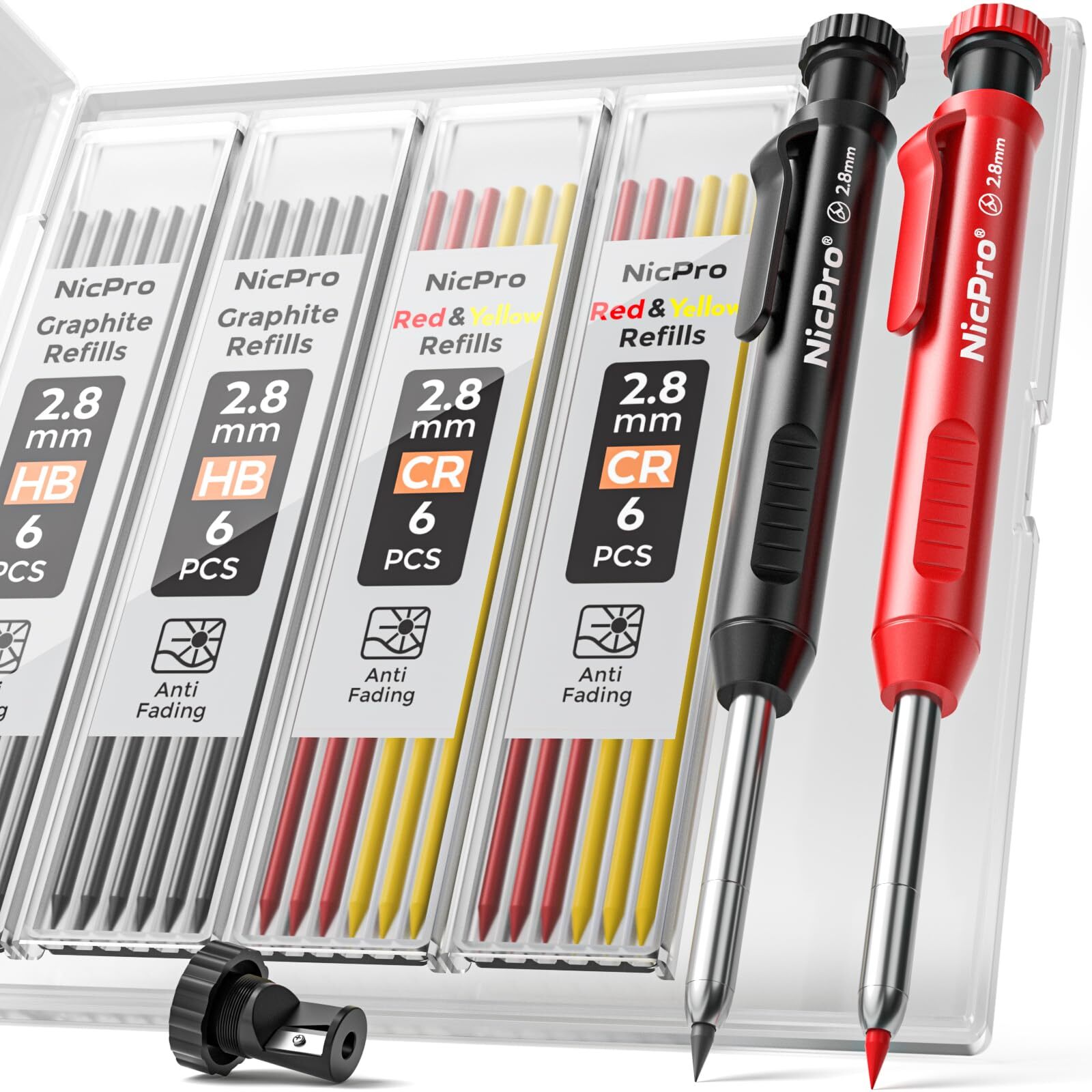 Carpenter Pencil with Sharpener, Mechanical Pencils Set with 26 Refills,