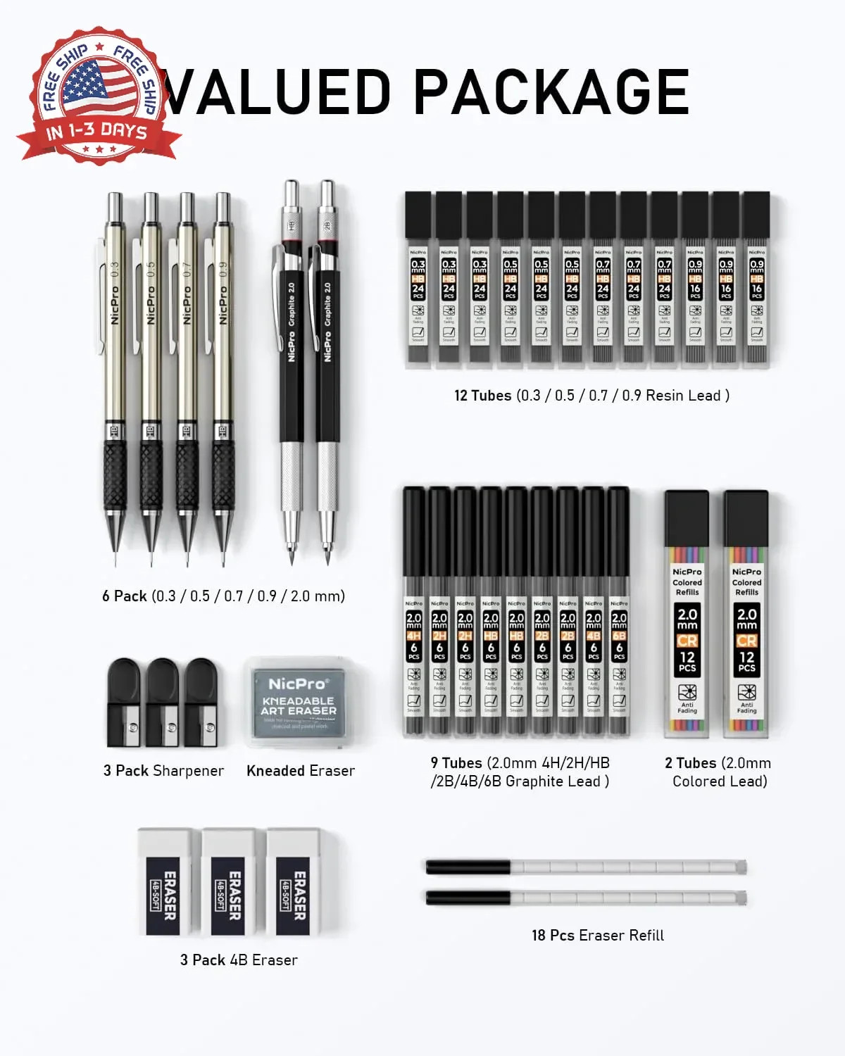 Nicpro 37PCS Art Mechanical Pencil Set, 4PCS Metal Drafting Pencil 0.3mm, 0.5 mm