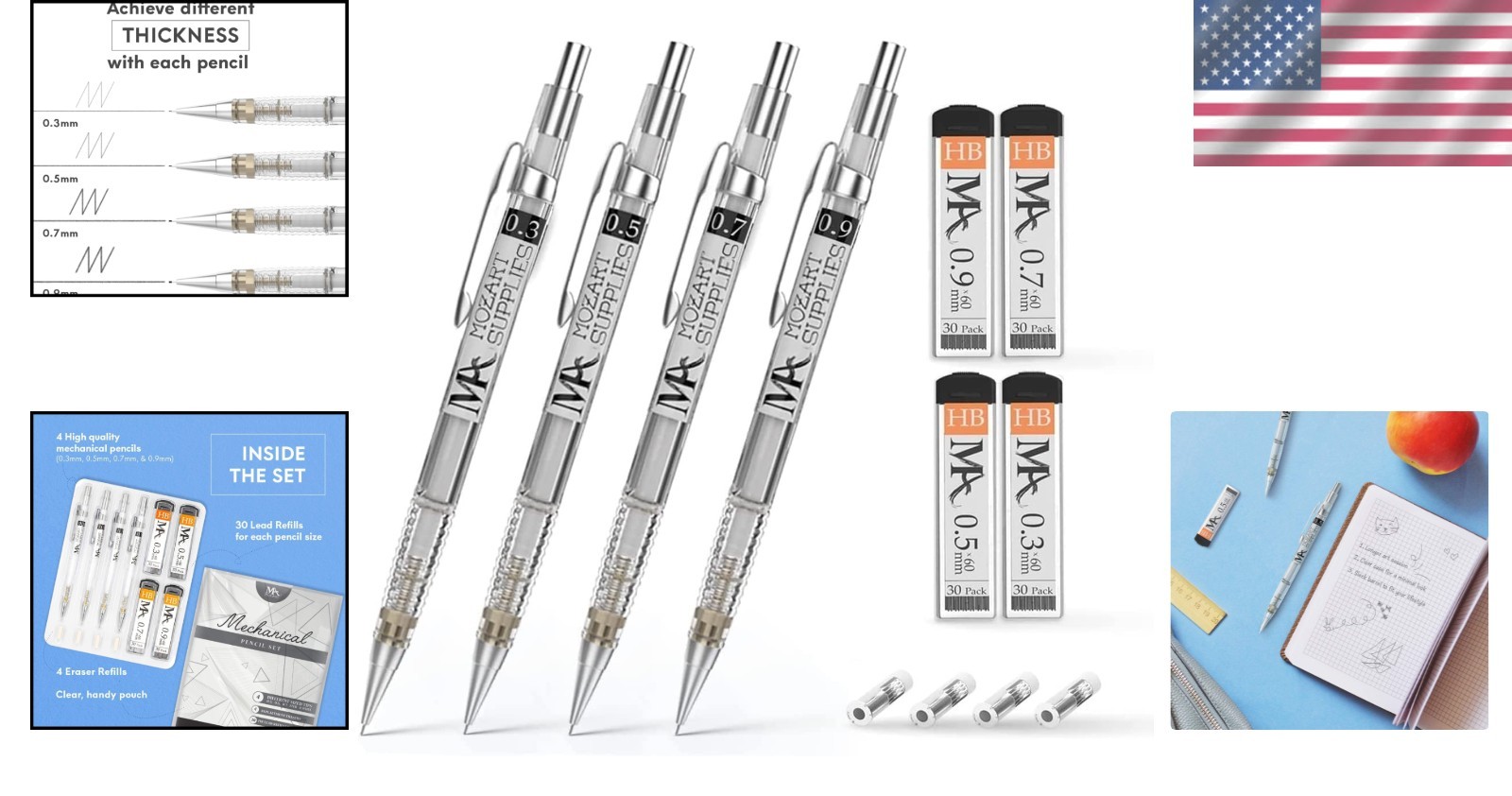 Versatile Mechanical Pencil Set for Artists – 4 Sizes & Refill Pack, Clear Case