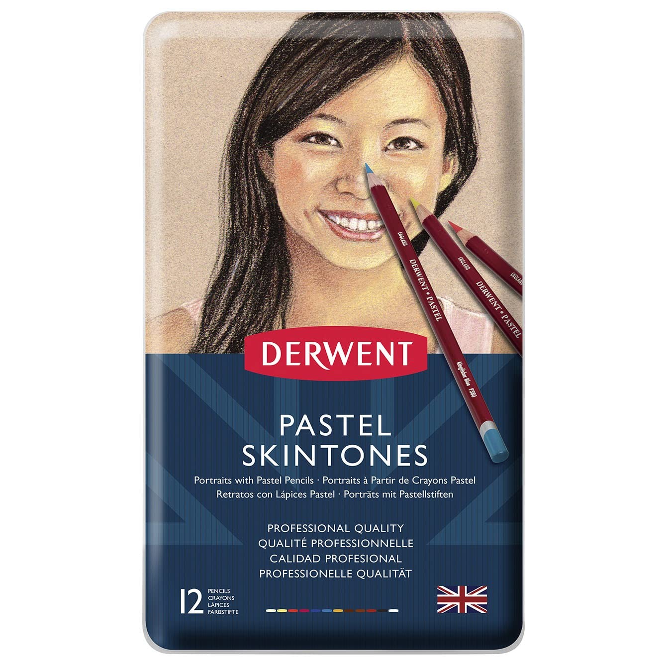 Derwent Pastel Pencils, Skintone, 4mm Core, Metal 12 Count (Pack of 1), Pink