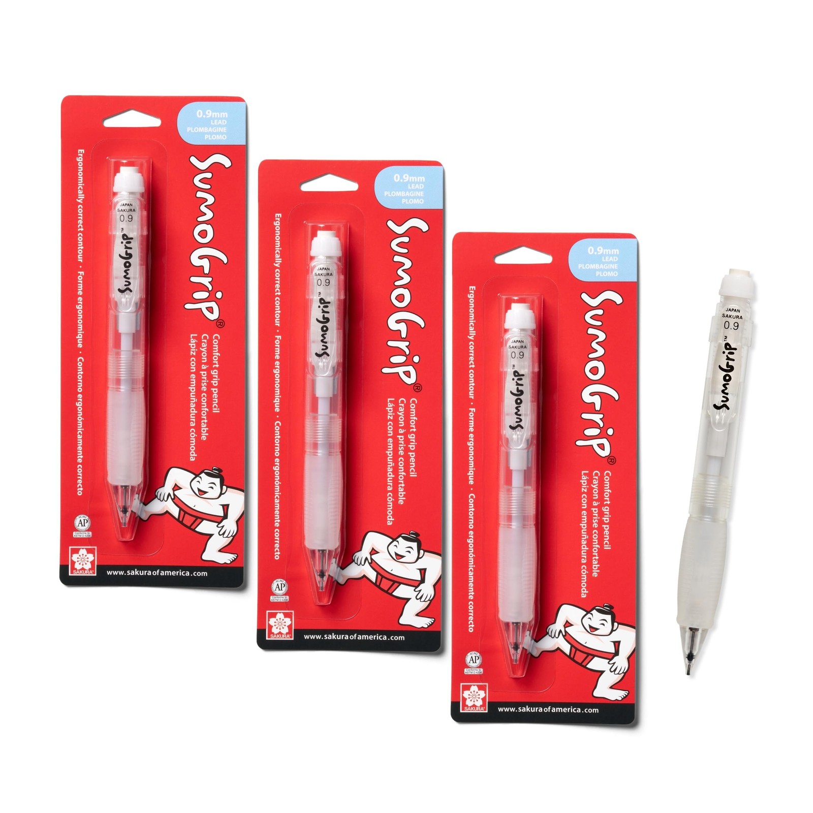 SAKURA SumoGrip Pencil with Comfort Grip – 0.9 mm 1 Count (Pack of 3), Clear