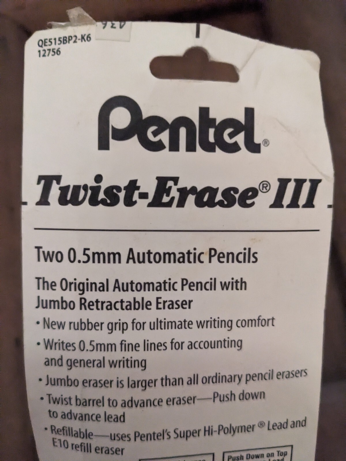 2 in pk PENTEL Twist-Erase III Mechanical Pencils 0.5 mm FINE POINT .5mm
