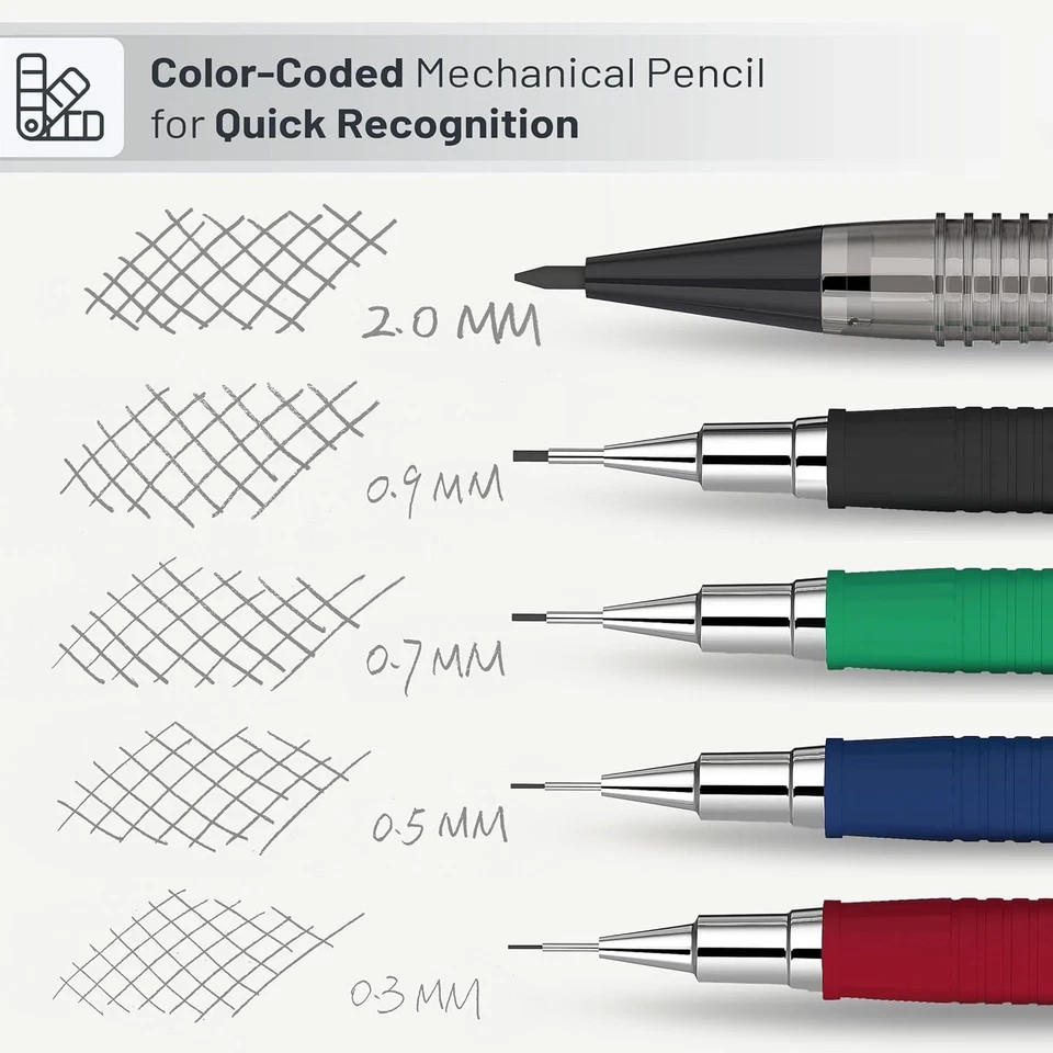 Mechanical Pencil Set with Lead and Eraser Refills, 5 Sizes – 0.3, 0.5, 0.7, 0.9