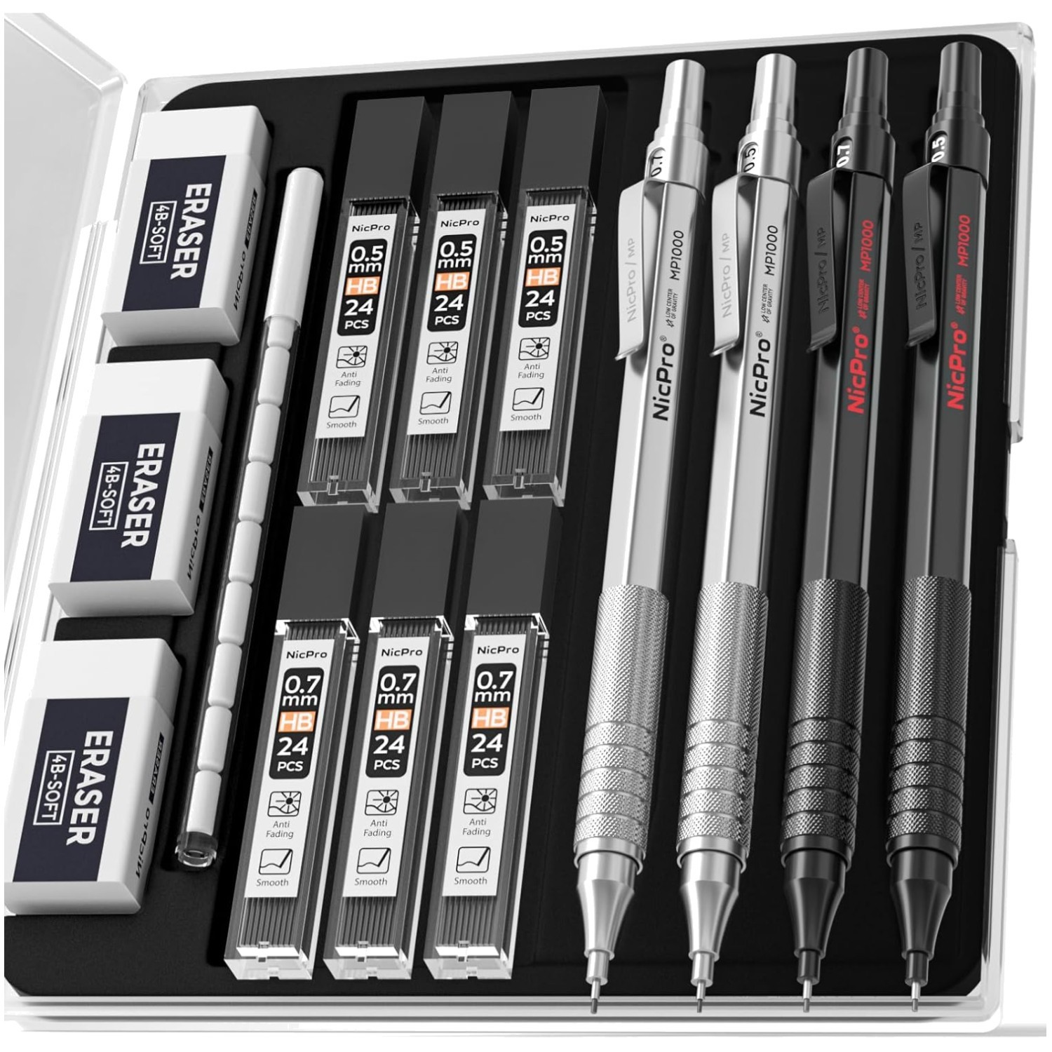 4-Piece Metal Mechanical Pencil Set 0.5mm & 0.7mm with Refills – Black & Silver