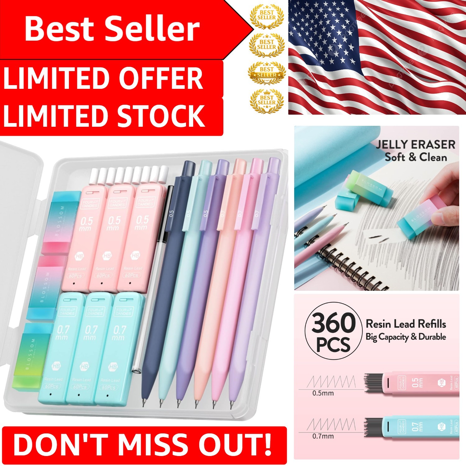 Stylish 6PCS Mechanical Pencils with 360 Leads & Cute Storage Case for School