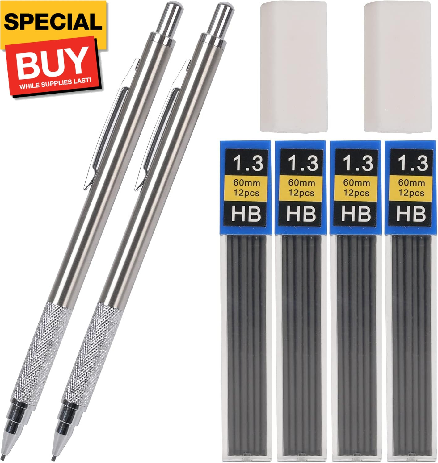 1.3 mm Mechanical Pencil Set with 4 Tubes Lead Refills,2 Eraser,1.3mm Mechanical