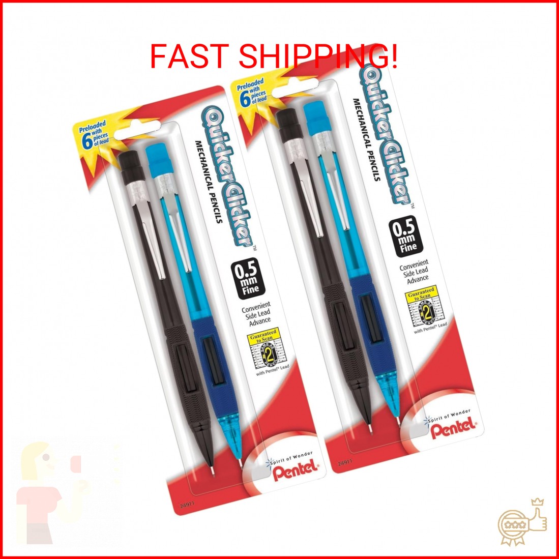 Pentel® Quicker Clicker™ Automatic Pencils, 0.5 mm, Smoke Barrel, Pack of 2 Penc