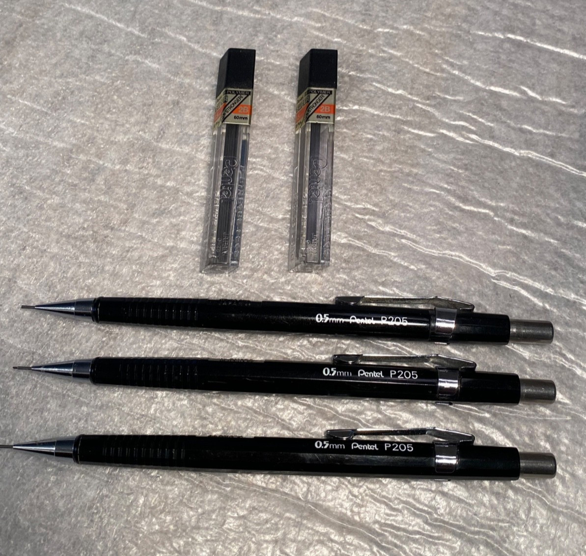 (3) Vtg Pentel MECHANICAL PENCILS P205 Black 0.5mm Body Pocket Clip Japan FREESH