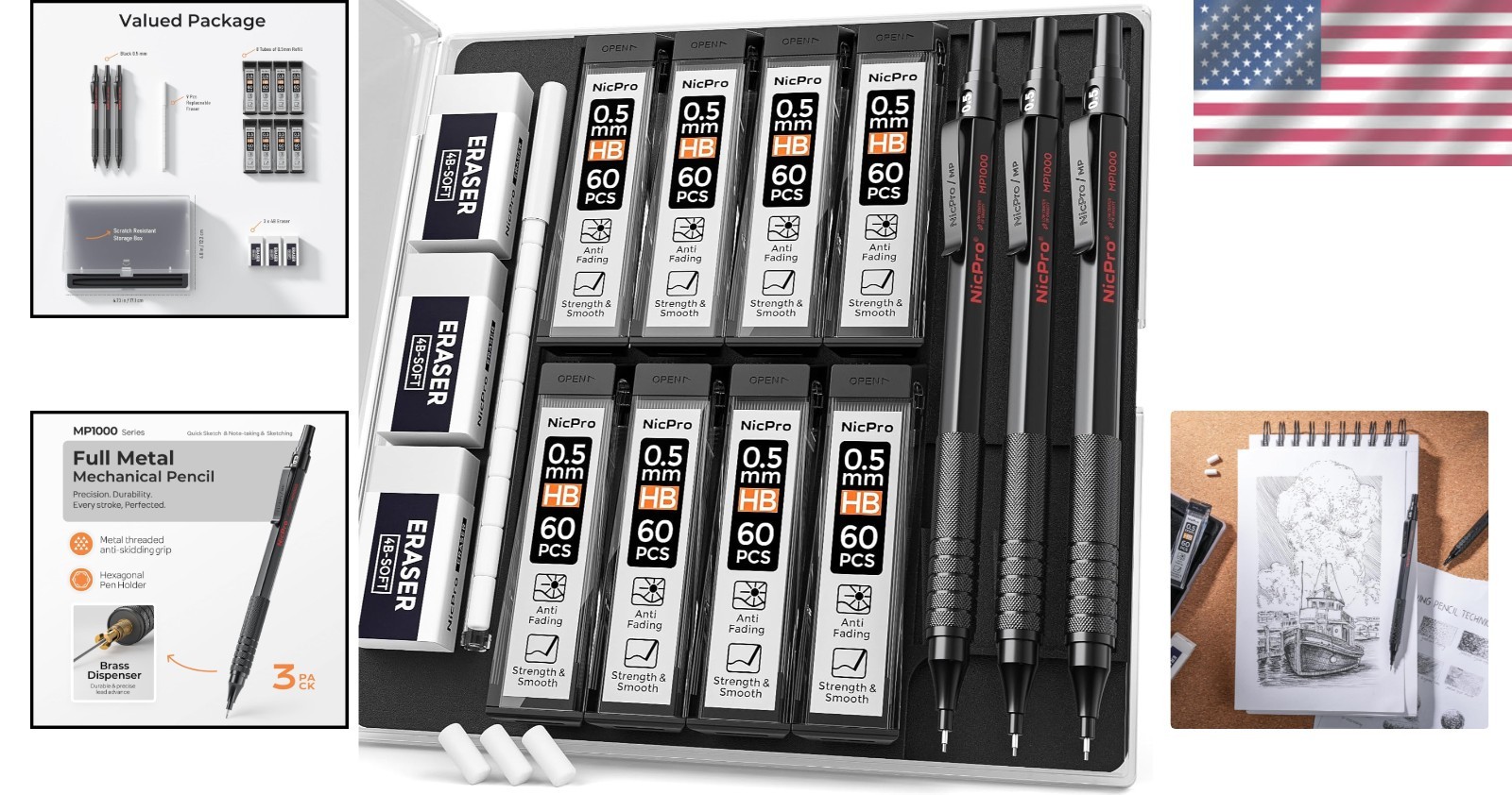 Metal Mechanical Pencil Set for Architects – 3 Pencils with 480 Refills