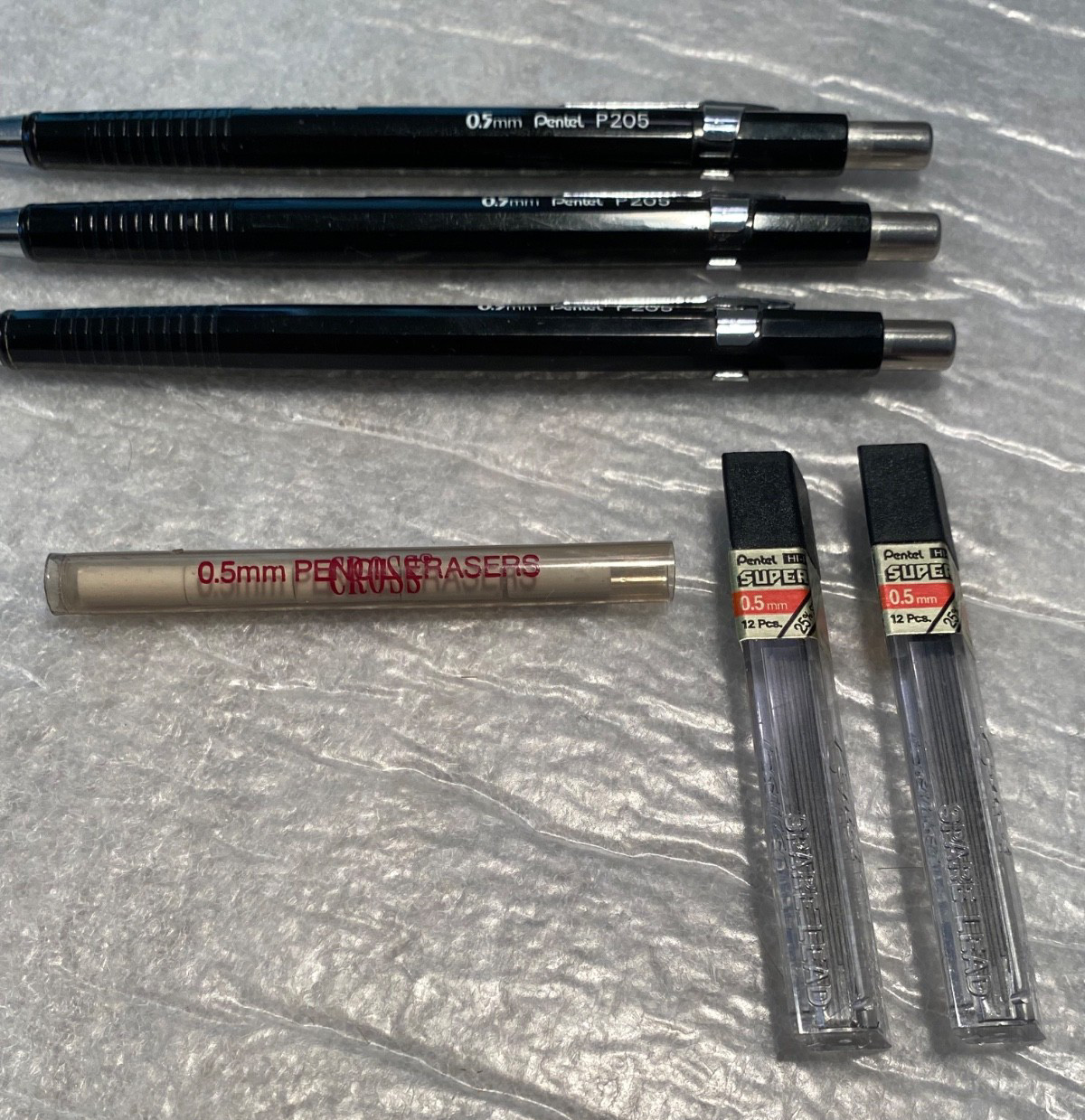 (3) Vtg Pentel MECHANICAL PENCILS P205 Black 0.5mm Body Pocket Clip Japan FREESH