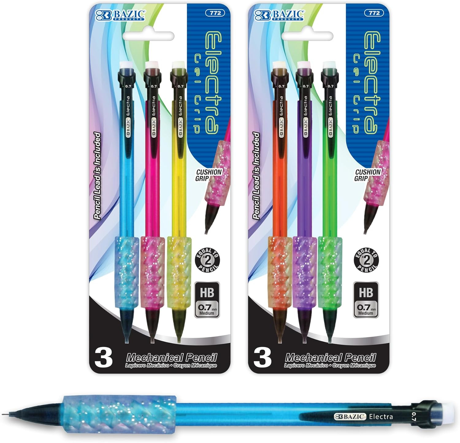 0.7mm Color Mechanical Pencils w/ Gel Grip, 3-Pack Fashion Office School Supplie