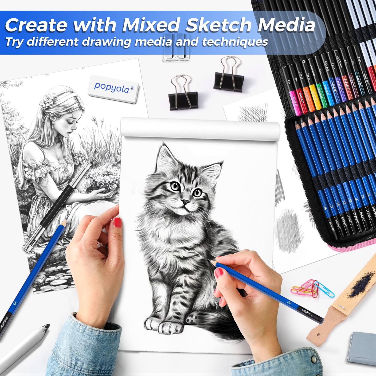 133 Pack Art Supplies Sketching Kit with Sketch Book, Coloring 133 Pack, Pink