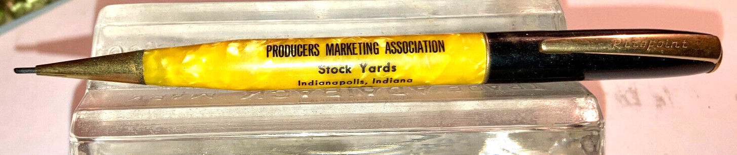 Vintage RITEPOINT Adv. Mech. Pencil-1953-5.25″ Indianapolis Stockyrd White Mrbld