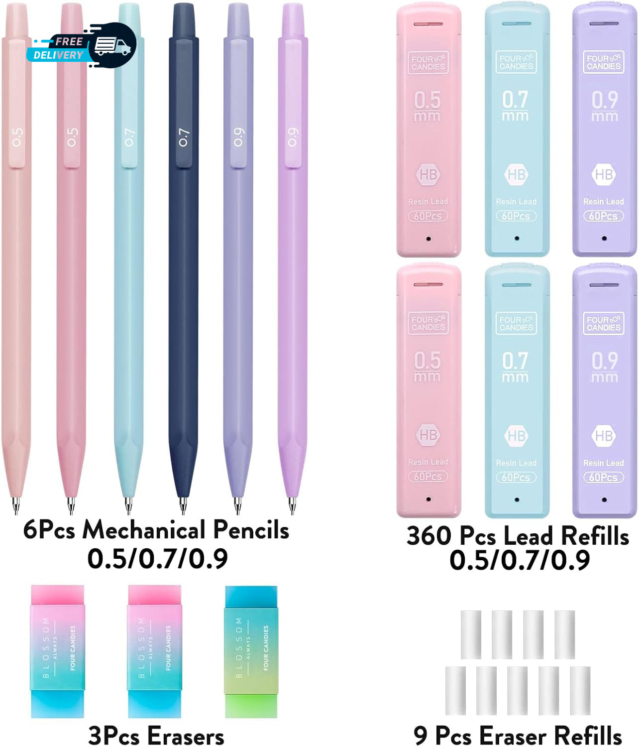Cute Mechanical Pencil Set 6PCS Pastel Mechanical Pencils 0.5 Mm & 0.7Mm & 0.9Mm
