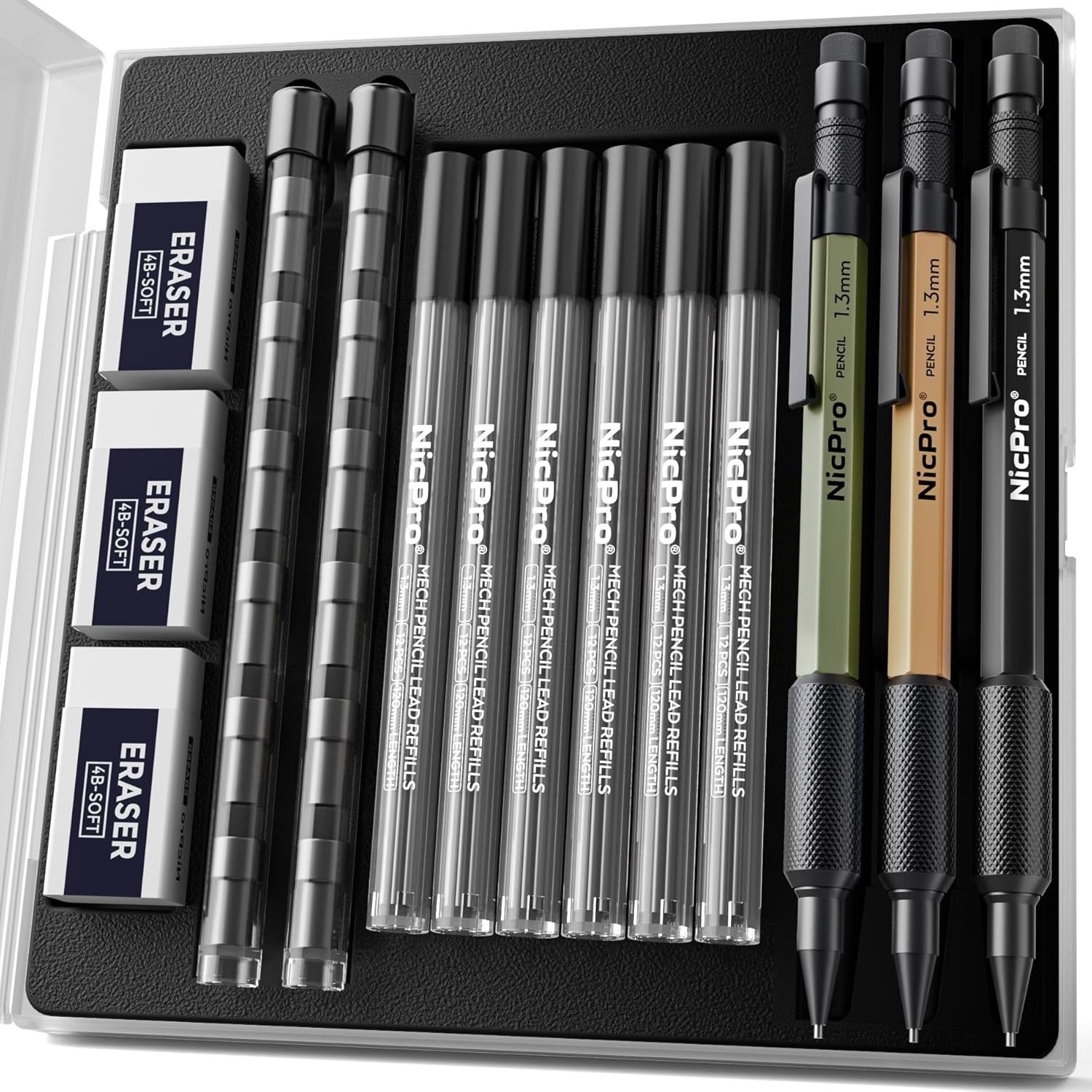 Nicpro 3 PCS 1.3 mm Mechanical Pencil Set 3 1 Count (Pack of 3), Multicolor