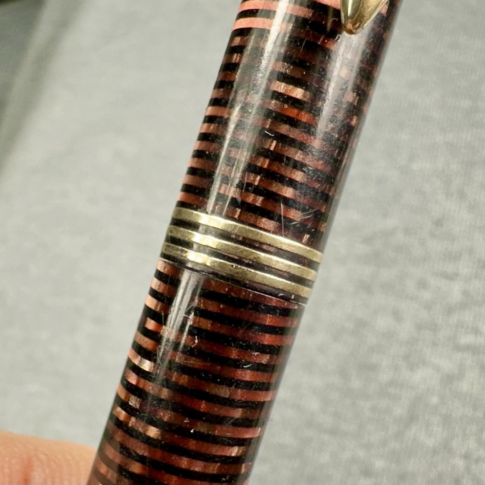 1936 Parker Vacumatic Pencil Burgundy Red & Pearl Full Size 3 Band Needs Jewel