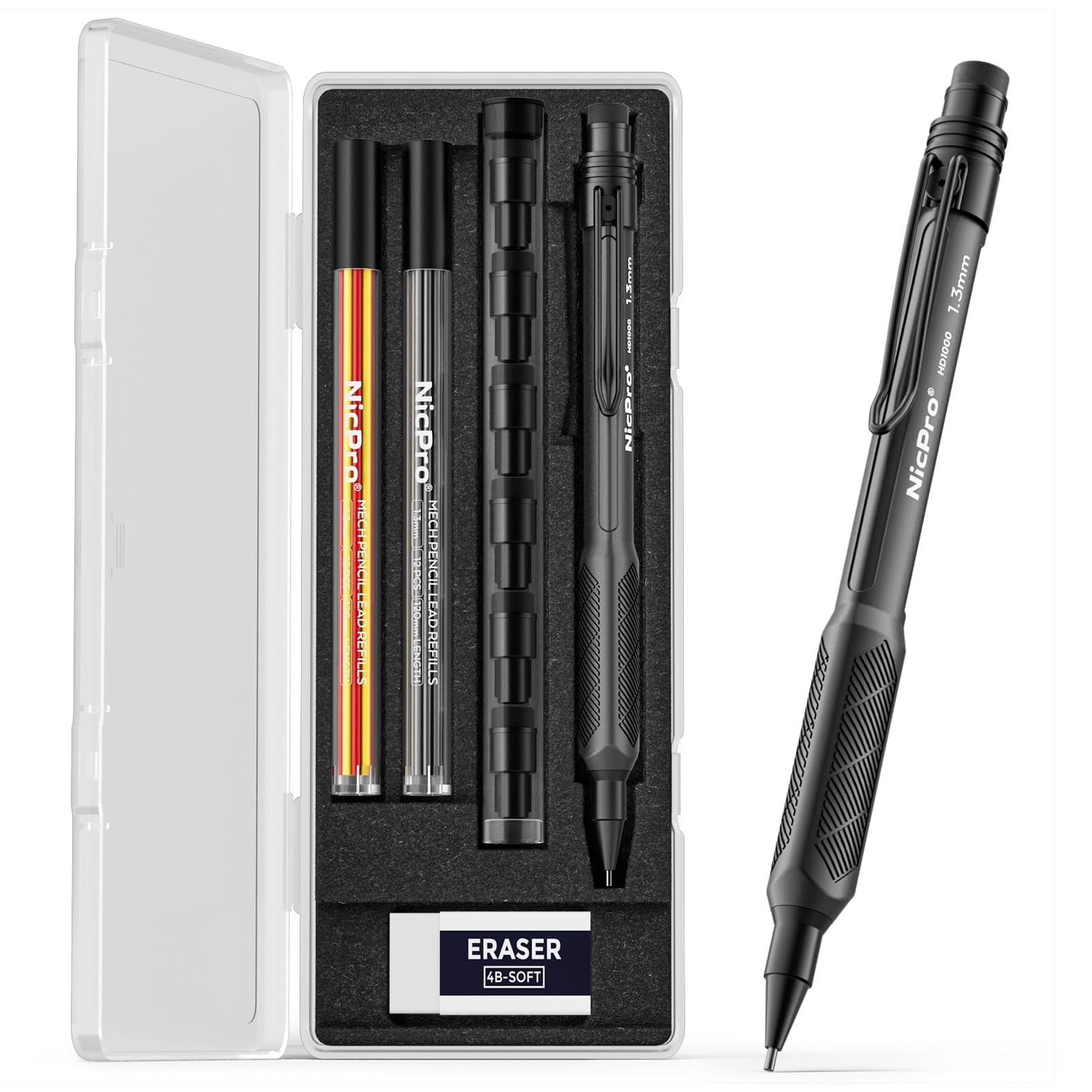 Nicpro 1.3mm Weatherproof Mechanical Pencil Set, HD1000 Metal 1 Pack, Black