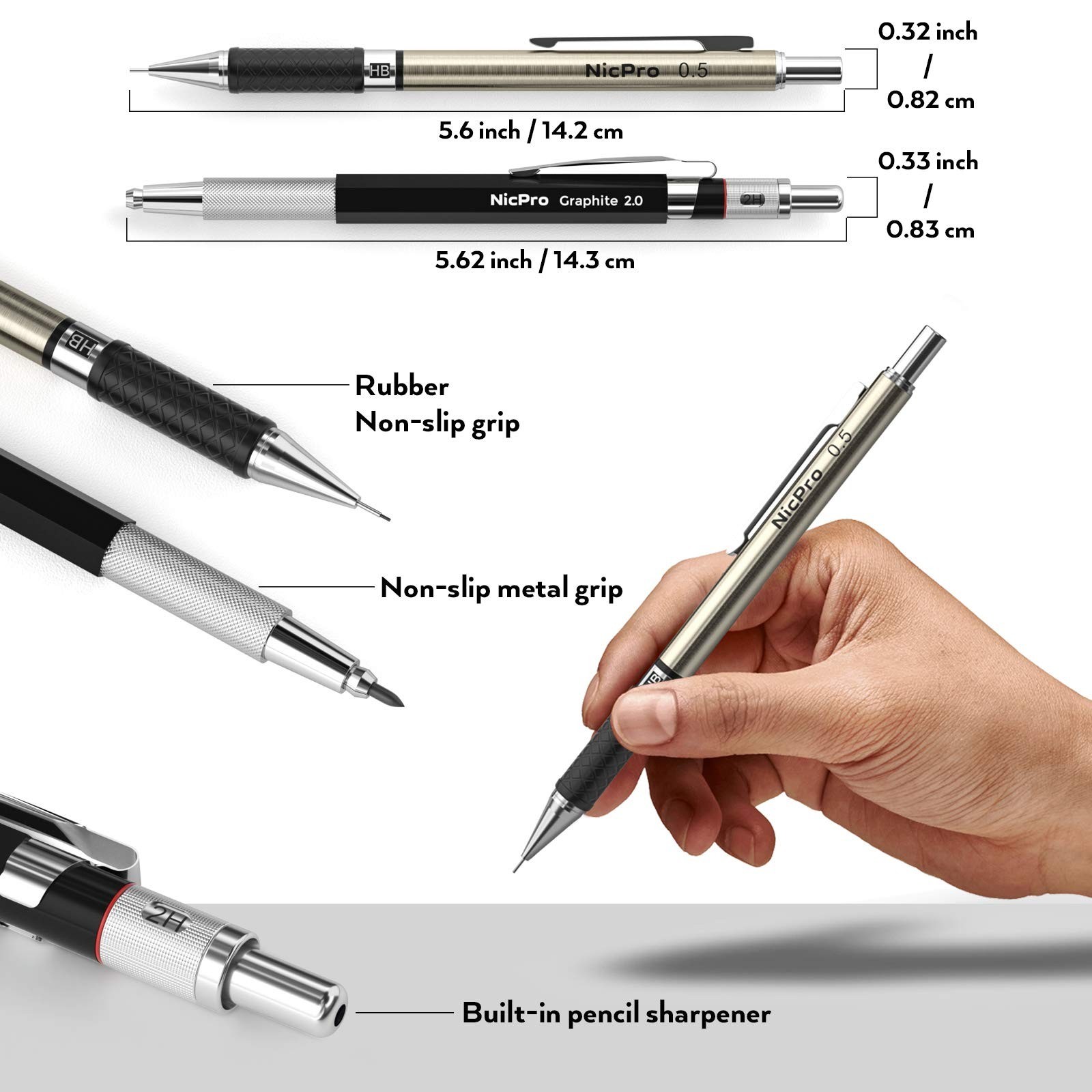 6PCS Art Mechanical Pencils Set, 3PCS Metal Drafting Pencil 0.5 Mm & 0.7 Mm & 0.