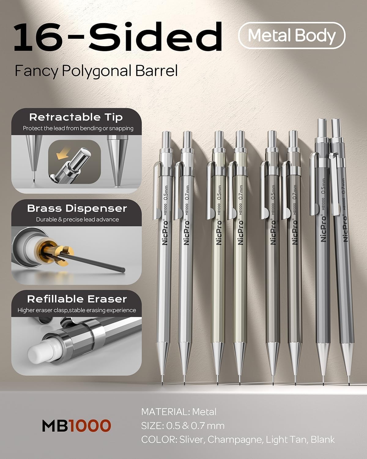 8 Pack Metal Mechanical Pencil Set – 0.5mm & 0.7mm for Artists & Professionals