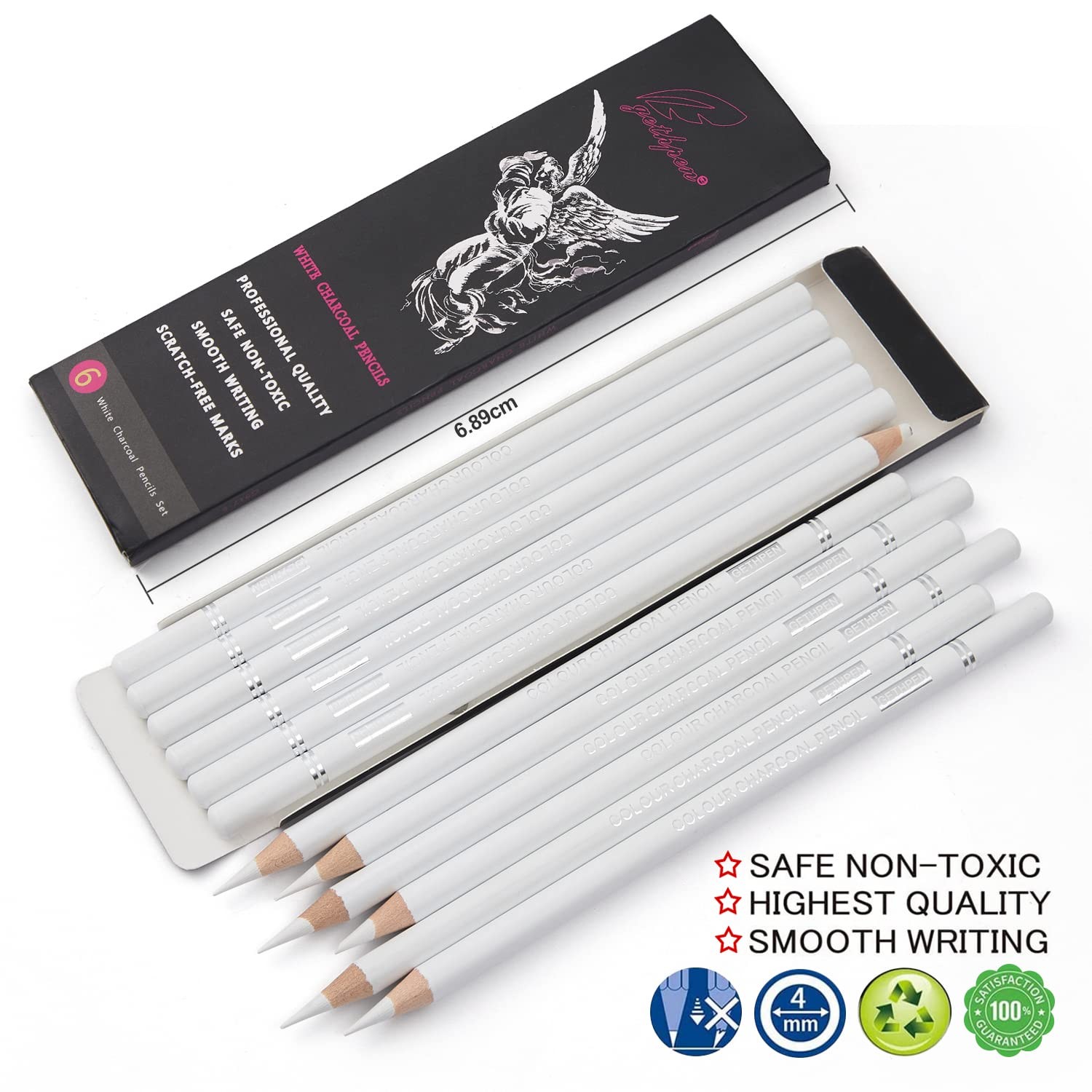 GETHPEN Professional White Charcoal Pencils Set – 6 Count (Pack of 1),