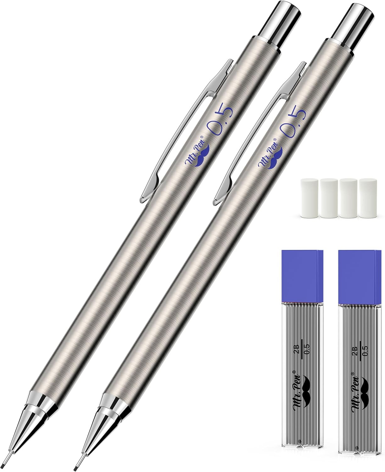 – Metal Mechanical Pencil Set with Lead Refills & Erasers, 2 Pack | 0.5mm, 4x Tu