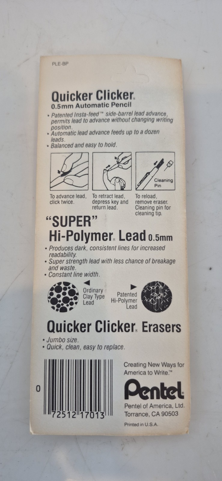 VTG Pentel PLE-BP Quicker Clicker Mechanical Pencil Clear Black 0.5mm USA NOS