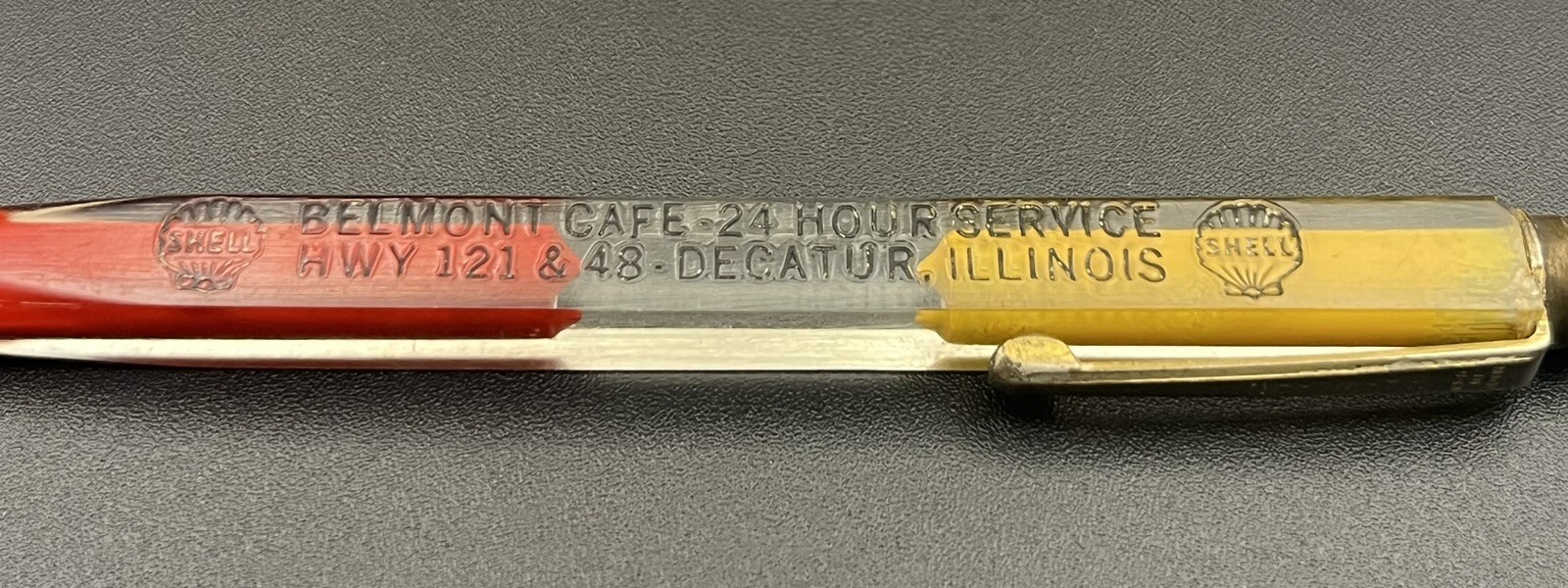 Vintage HA-WI-AN lucite mechanical pencil. Shell Oil Belmont Cafe Decatur IL