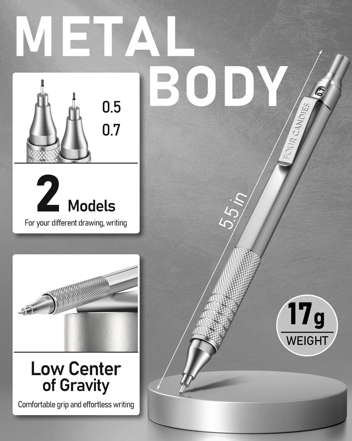 Four Candies 4PCS Metal Mechanical Pencils Set with Case 0.5mm & 0.7 mm Artis…