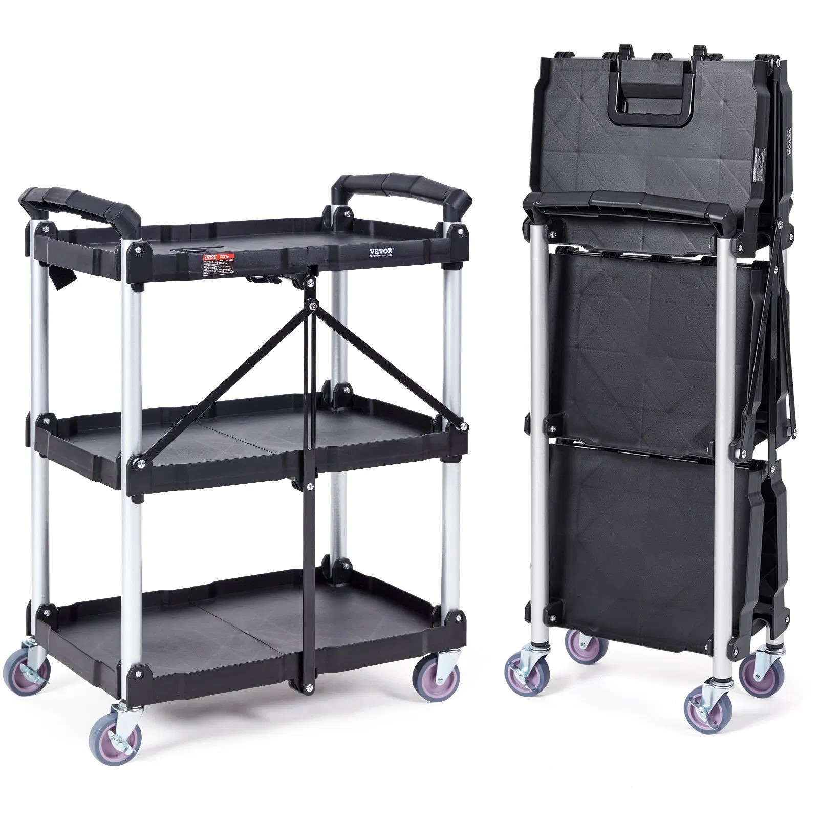 Foldable Utility Service Cart, 3 Shelf 165LBS Heavy Duty Plastic Rolling Cart wi