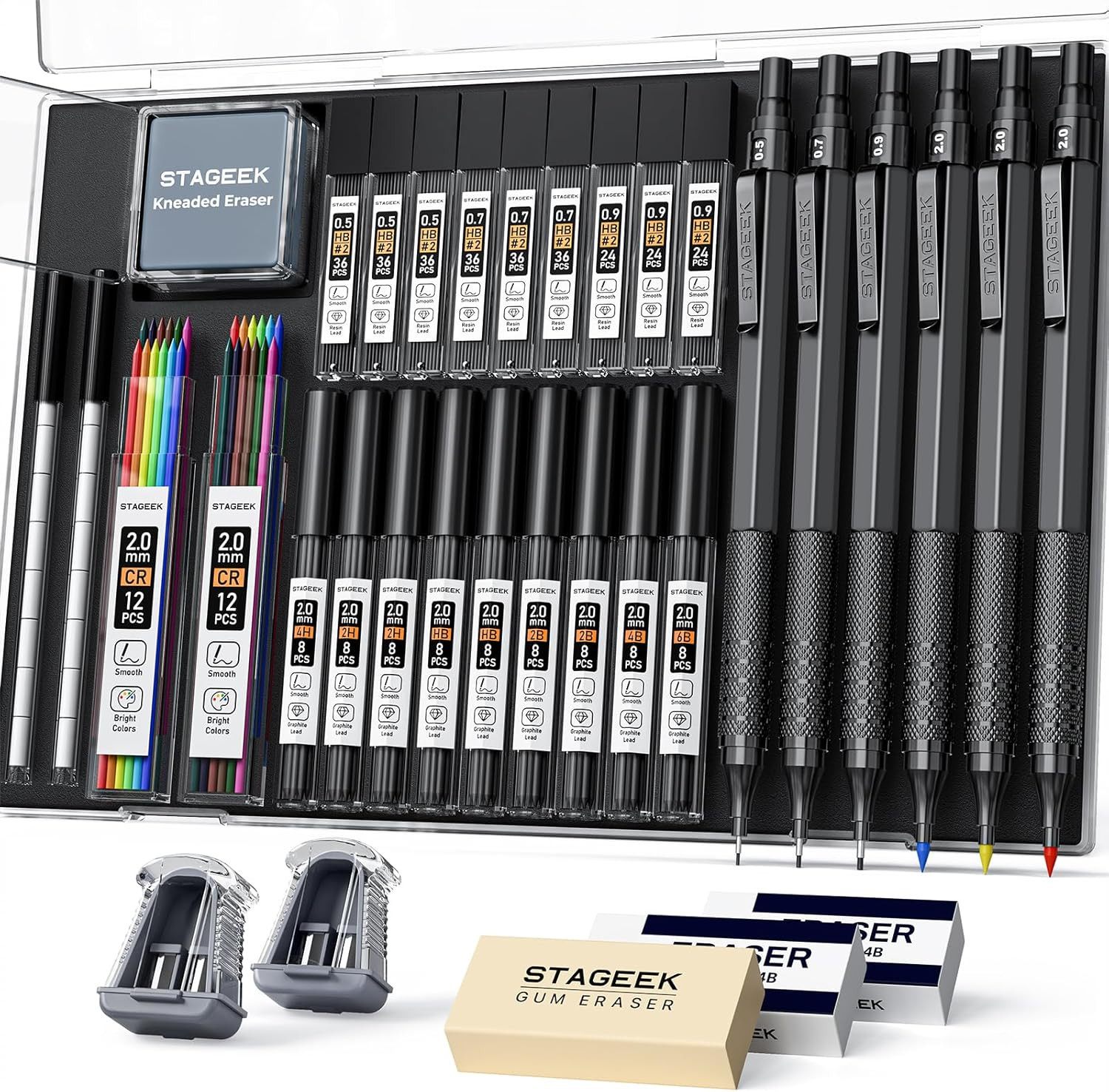 35Pcs Art Mechanical Pencil Set with Case, 0.5 0.7 0.9 2.0 Graphite Metal Drawin