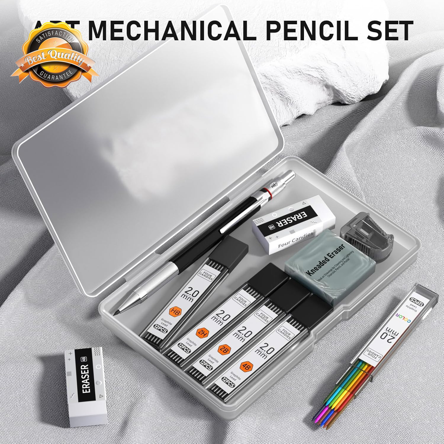 2MM Mechanical Pencil Set Artist Metal Lead Holder 60 Refills Eraser 70