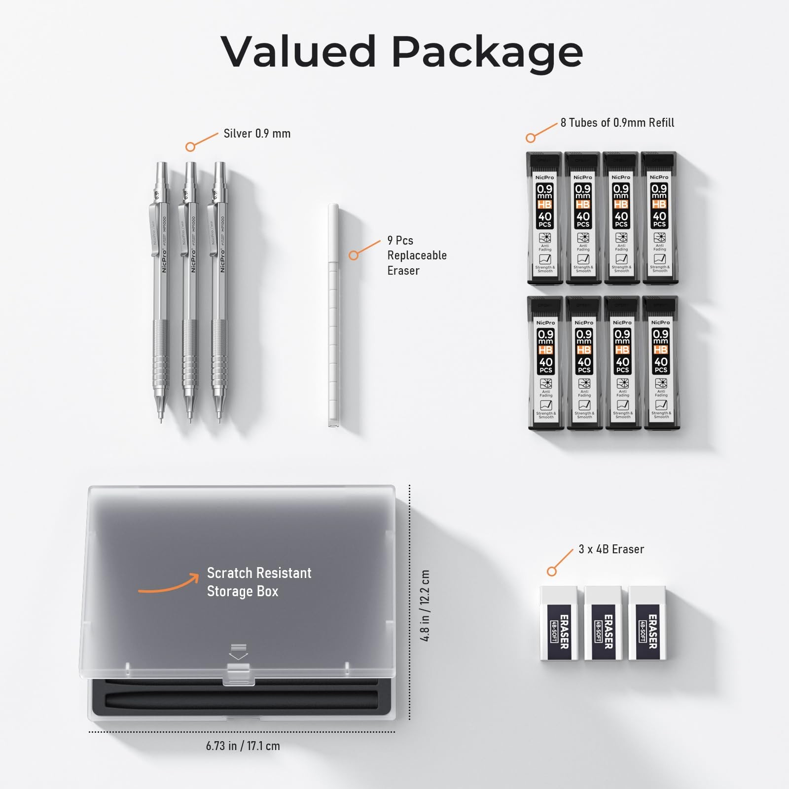 Nicpro 0.9 mm Metal Mechanical Pencil Set with Case, 3PCS MM, Silver