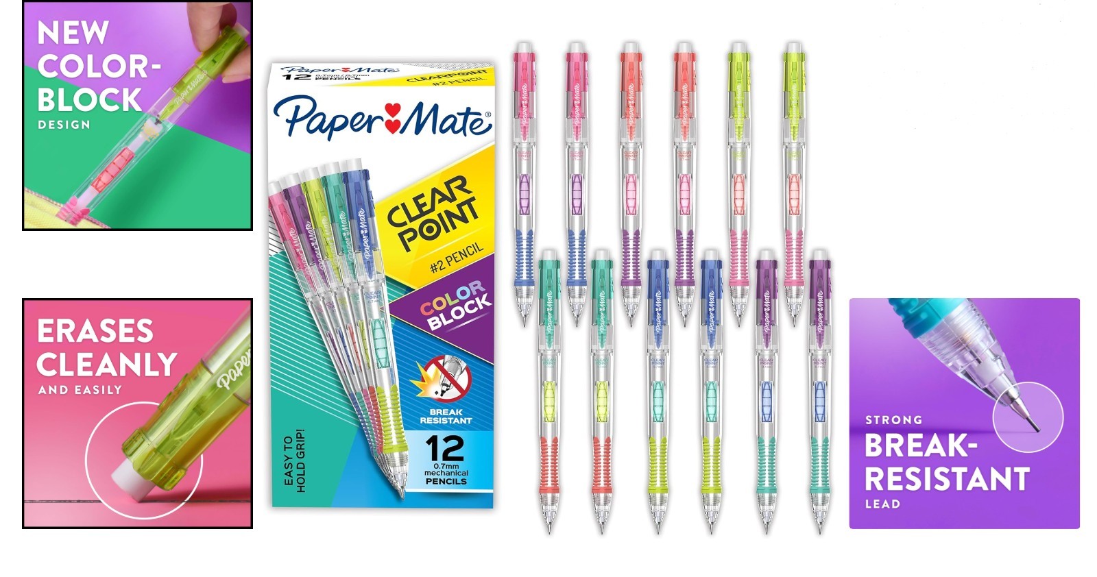 Clearpoint Color Block Mechanical Pencils HB 0.7mm 12 Pack for Writing & Drawing