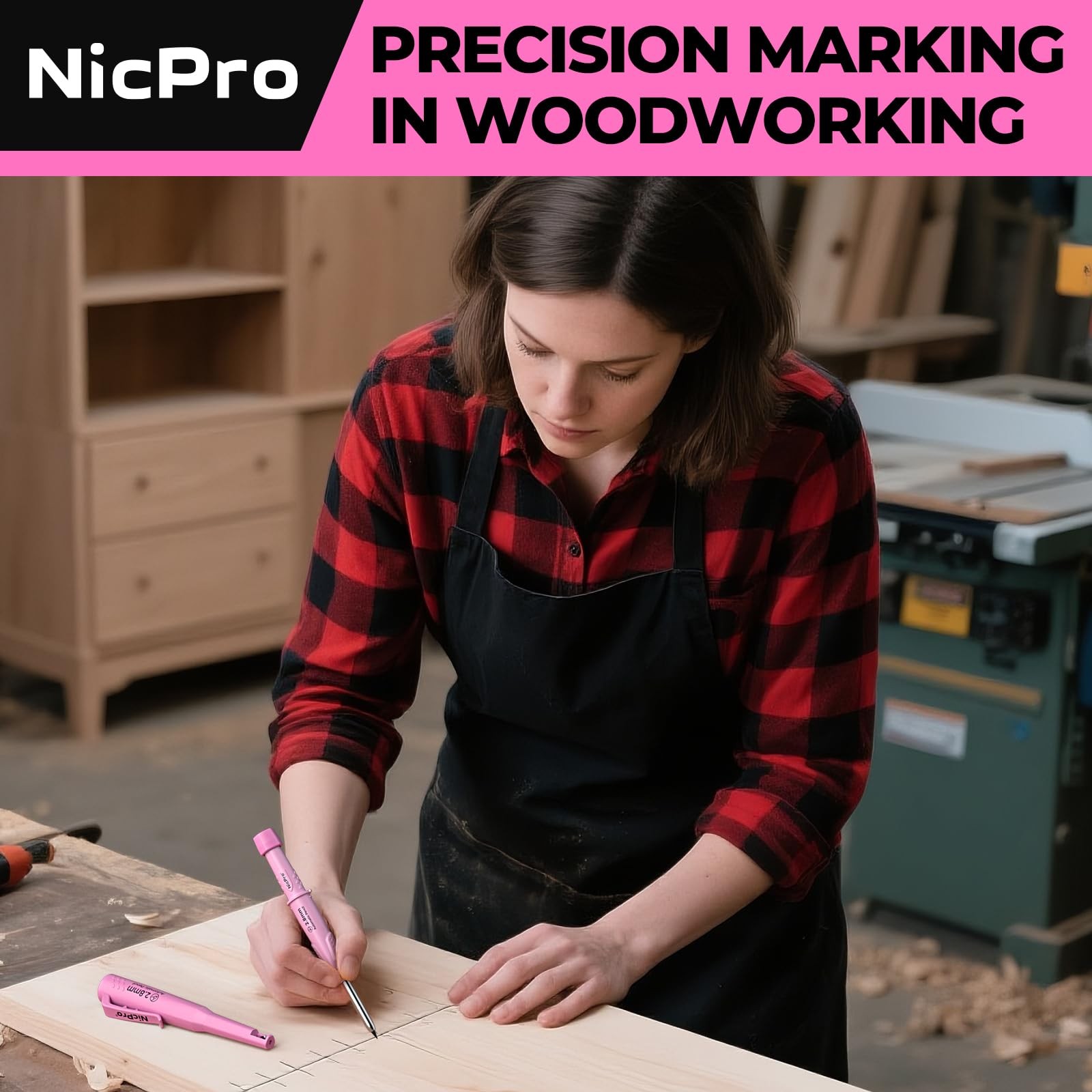 Nicpro CP3000 Carpenter Pencil with Sharpener, Construction Mechanical Pink