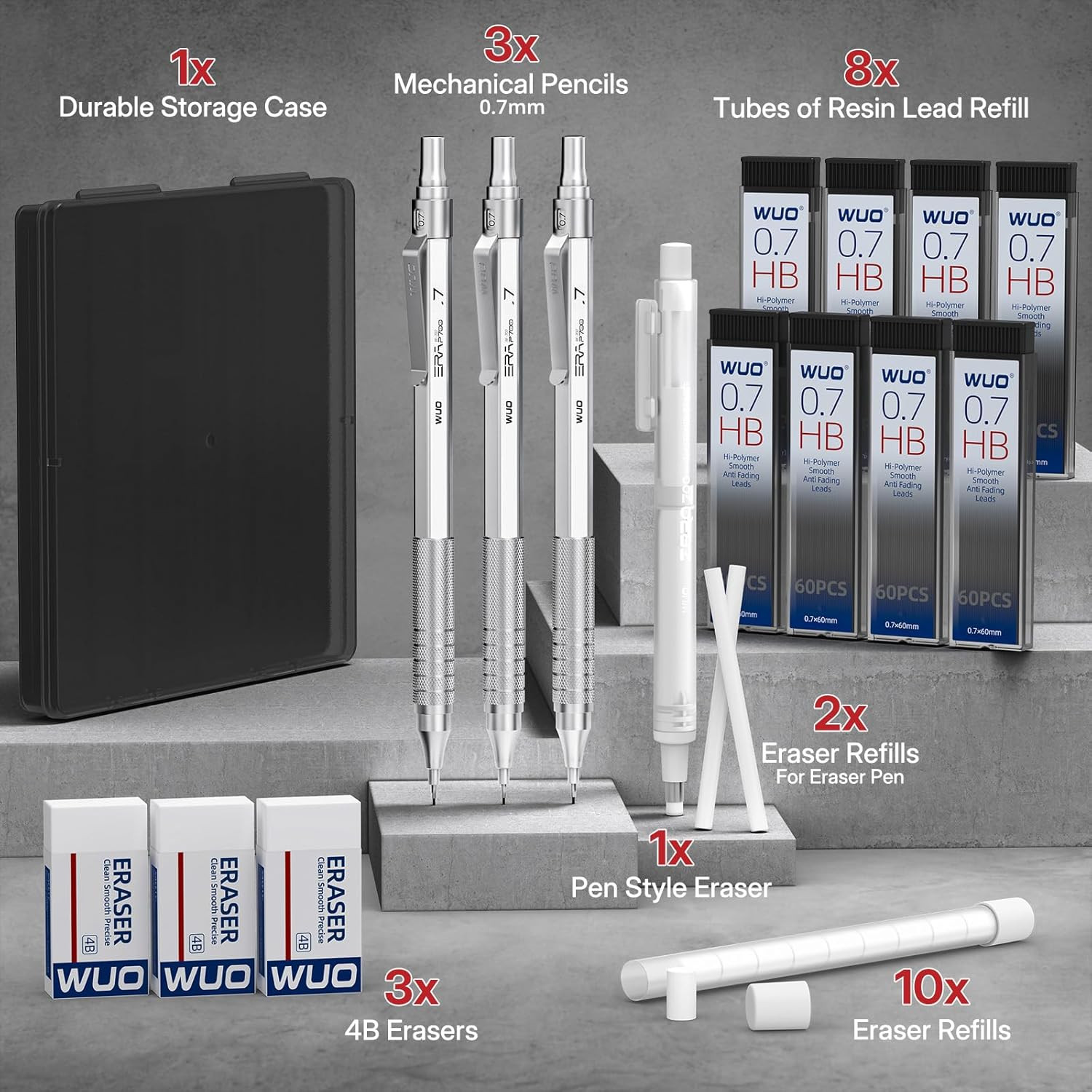 Mechanical Pencils 0.7Mm, 3 Silver Metal Drafting Pencils with 480 HB Lead Refil