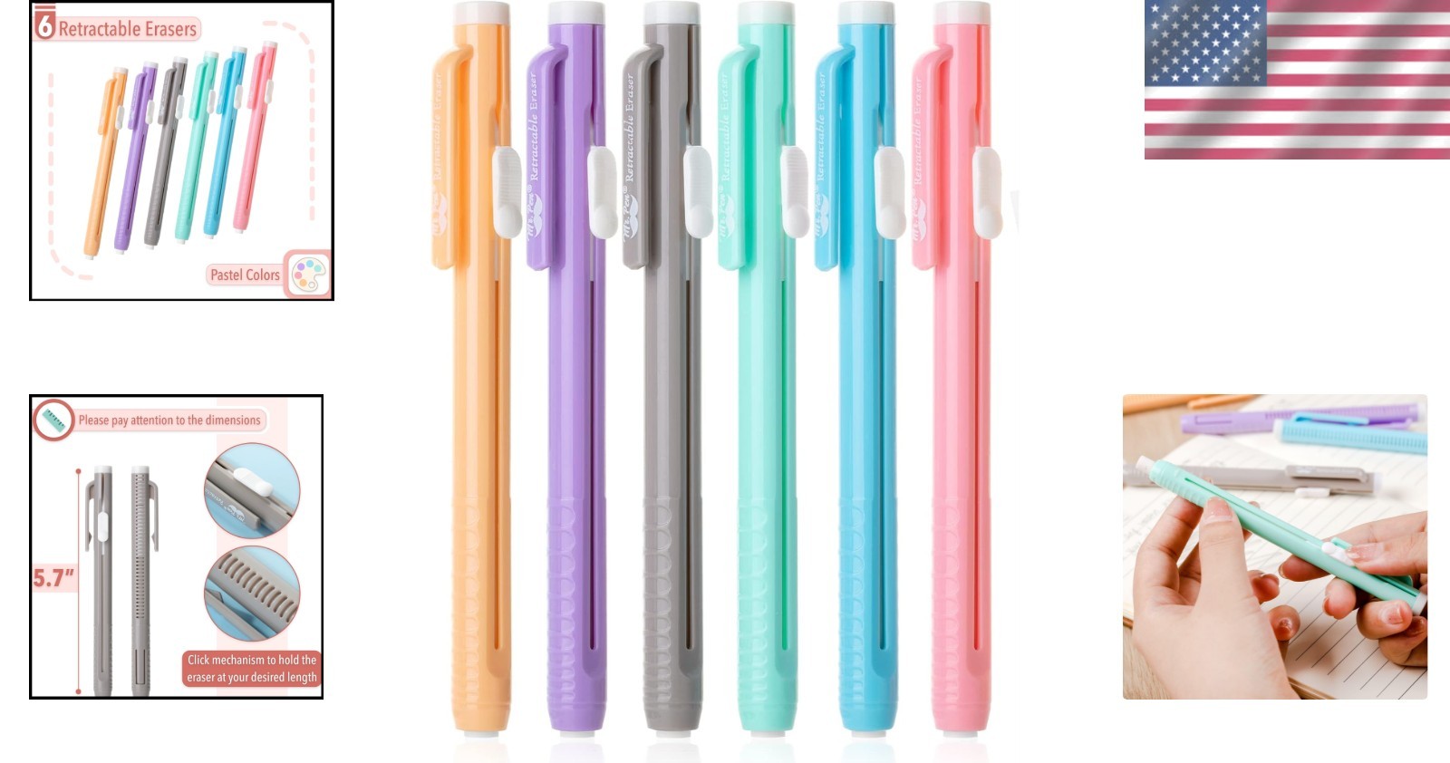 Elegant 6-Pack Pastel Retractable Eraser Pens for Flawless Sketching & Drafting
