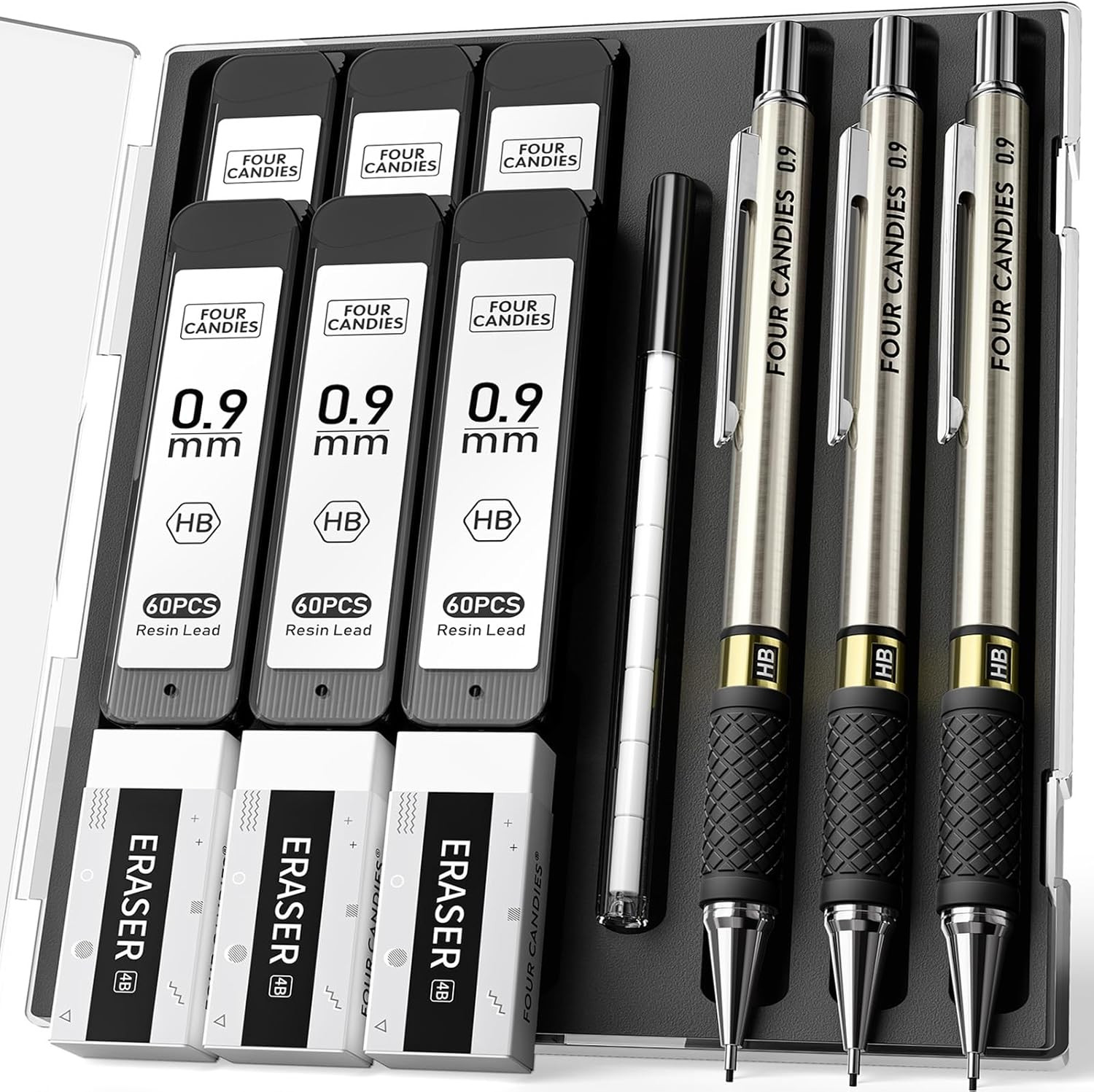 3PCS Metal Mechanical Pencil Set with 0.9Mm Bold Point, 360 Leads, 12 Erasers, A