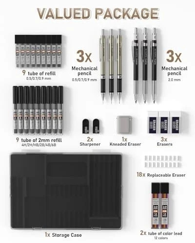 35PCS Art Mechanical Pencils Set, 3 PCS Metal Drafting Pencil 0.5 mm & 0.7 mm &