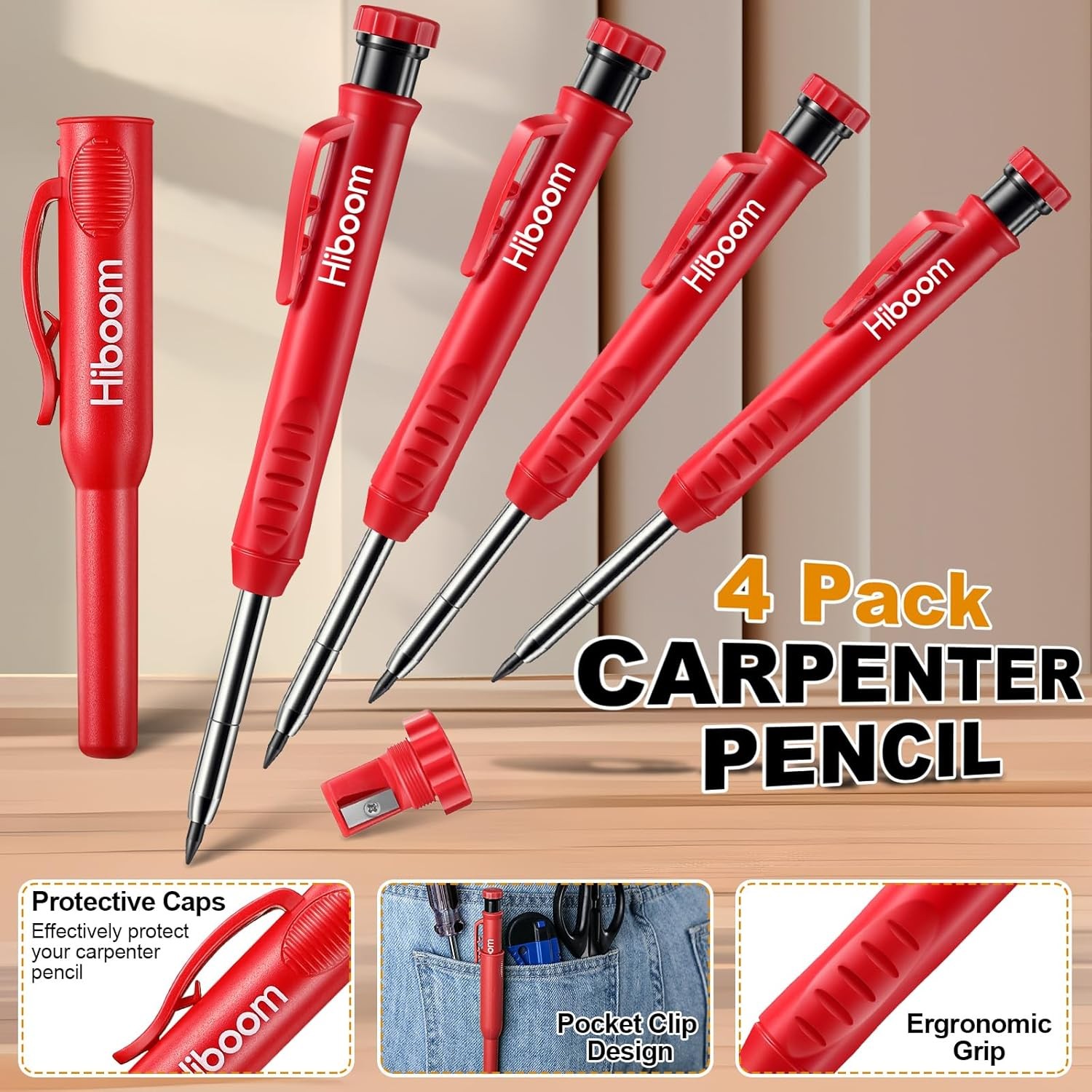 Hiboom 4 Pack Carpenter Pencils with 36 Refills (Red, Black, Yellow), 2.8 Red